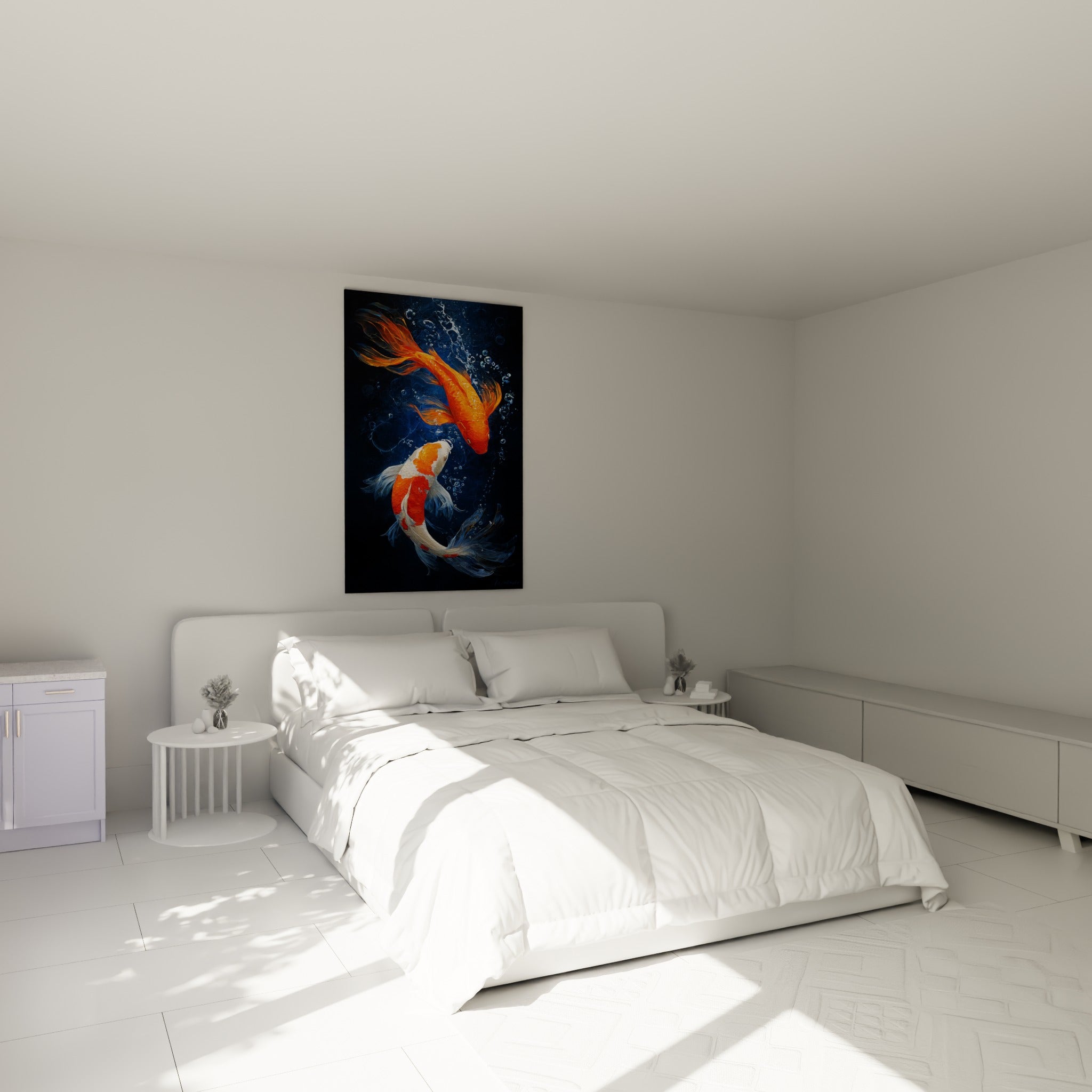 Poissons Koi orange vif et blanc formant un cercle, accrochés au-dessus d'un lit dans une chambre claire
