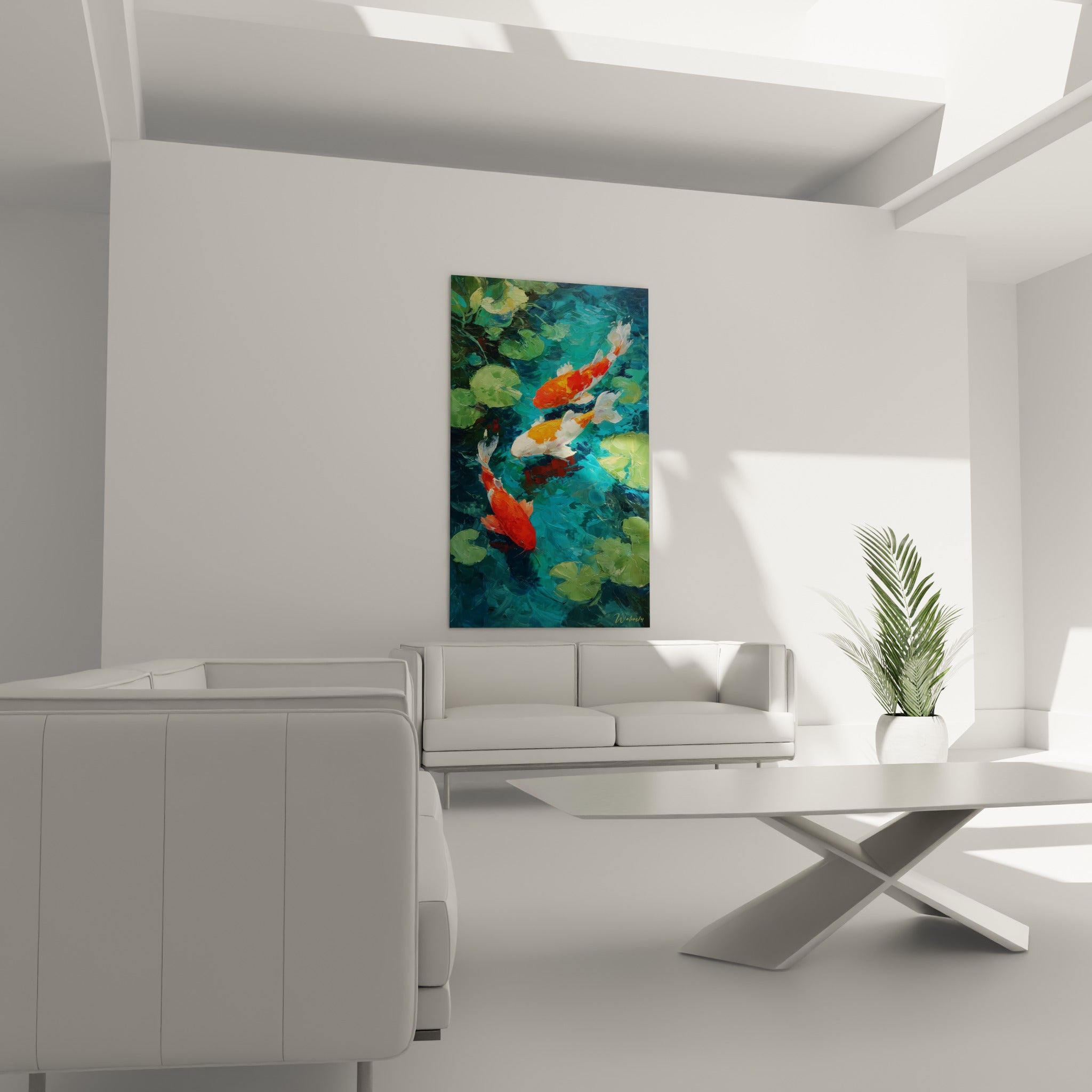 Carpes koï orange vif entourées de nénuphars vert sauge, au-dessus d'un canapé dans un salon lumineux