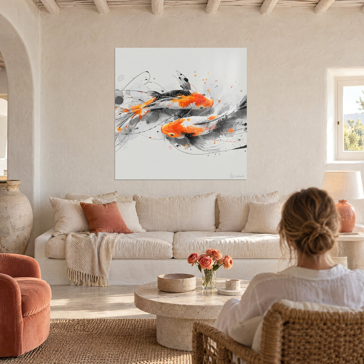 Quadro carpe koi arancio vivo e nere che nuotano in direzioni opposte, filamenti d'inchiostro, sopra un divano in un soggiorno luminoso