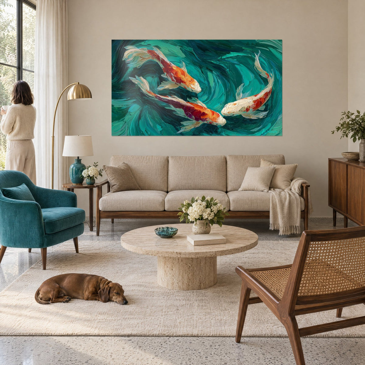 Wall art trio of orange and ivory koi carp swirling in turquoise water, above a sofa in a bright living room