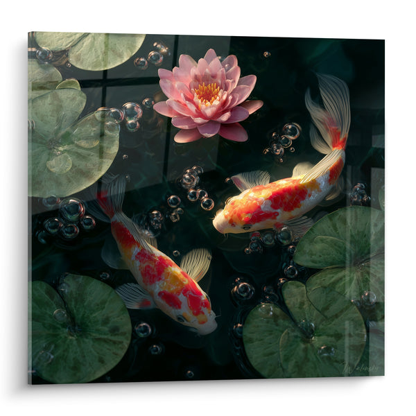 Tableau Carpes rouge et blanches sous un lotus rose - Feuilles rondes flottantes - Edition Koi