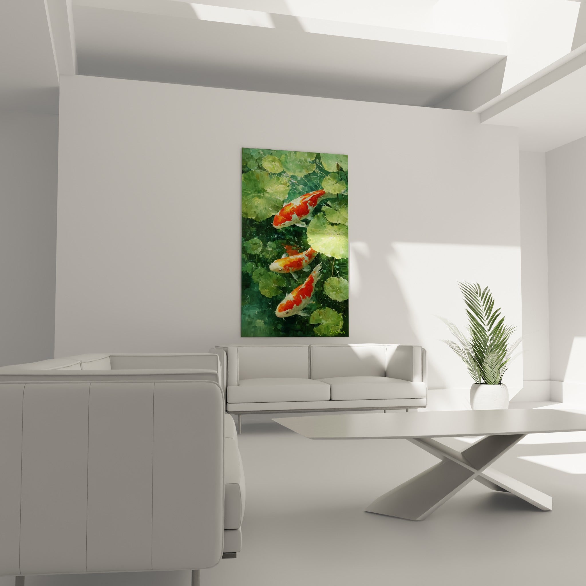 Poissons koï aux écailles orange vif entre les nénuphars émeraude, au-dessus d'un canapé dans un salon lumineux