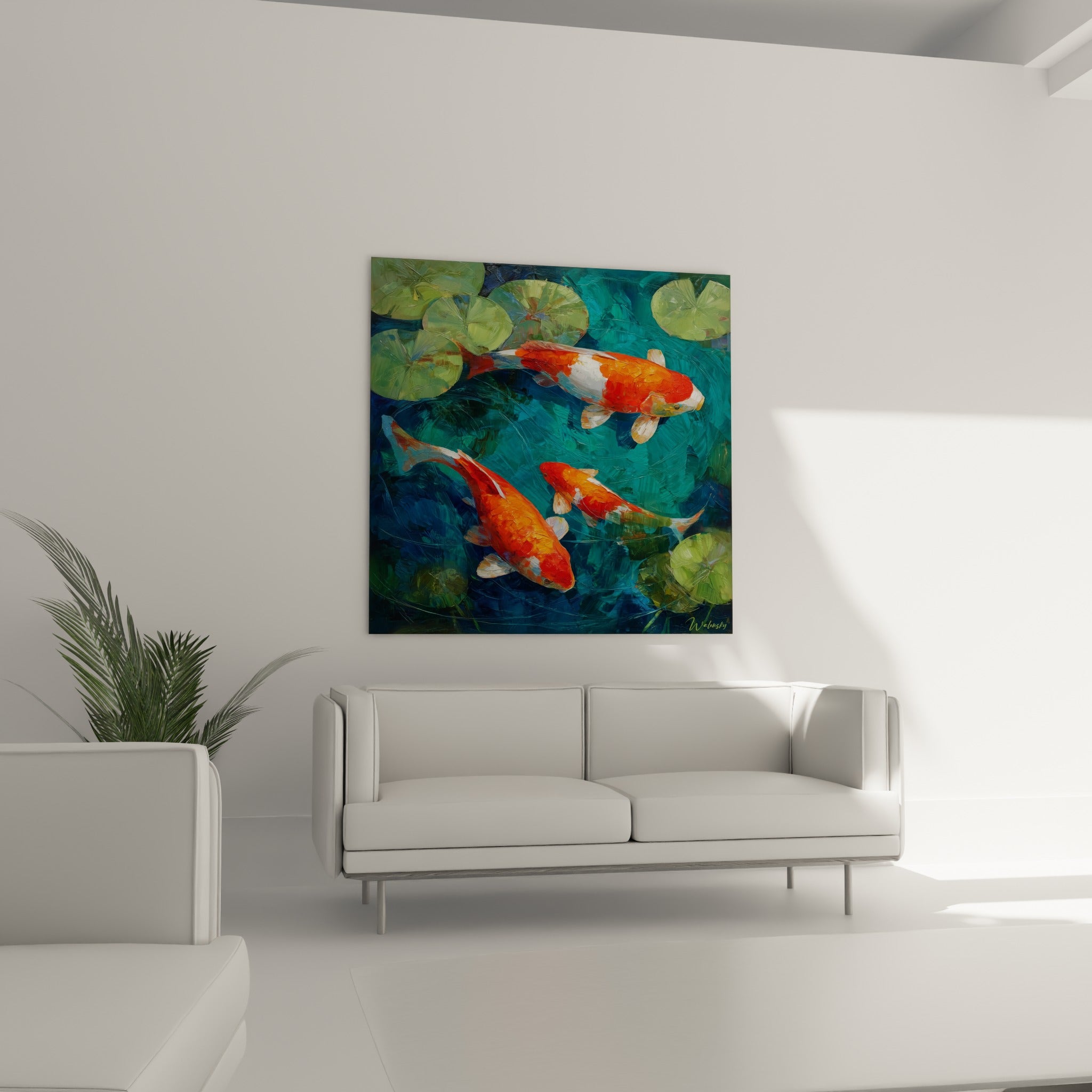 Poissons koï orange et blancs dans une eau bleu turquoise, tableau placé au-dessus d'un canapé dans un salon lumineux