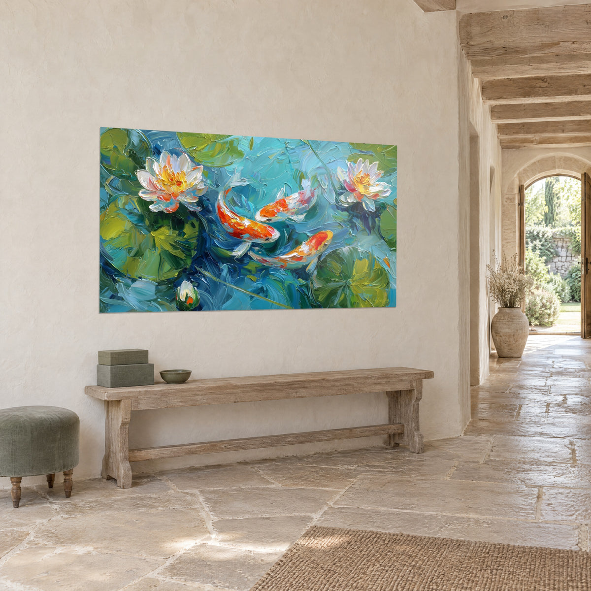 Quadro Stagno di ninfee con petali avorio e gialli, acqua turchese e foglie verdi, su un muro di pietra, corridoio a volta