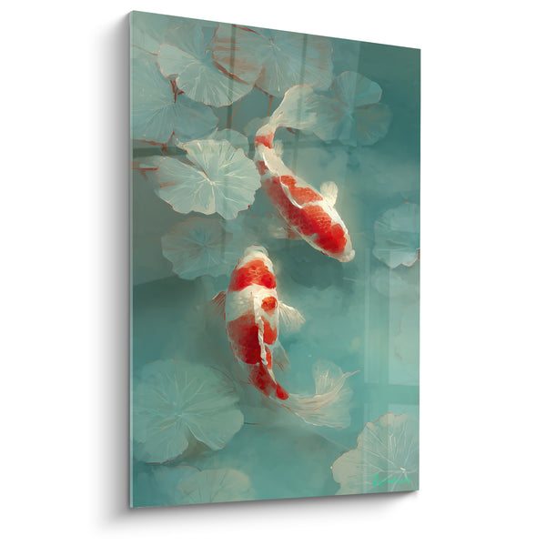 Tableau Carpes rouge et blanche parmi nénuphars pâles - Duo aquatique céladon - Edition Koi