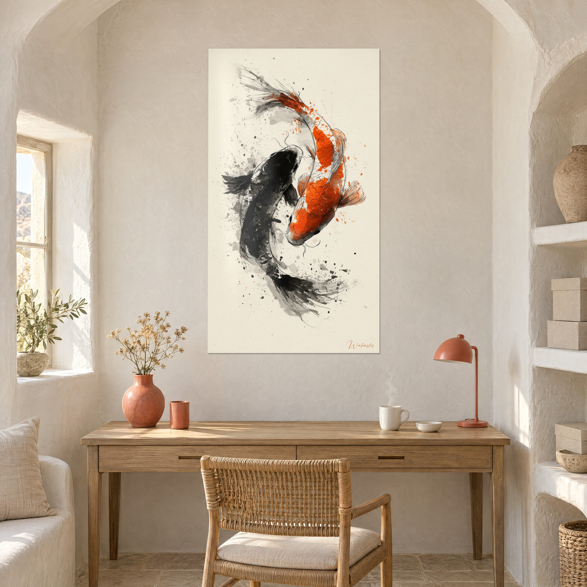 Gemälde Koi-Duo in chinesischer Tusche, graue Flecken und orangefarbene Tropfen auf elfenbeinfarbigem Papier, Holzschreibtisch und korallenfarbene Lampe