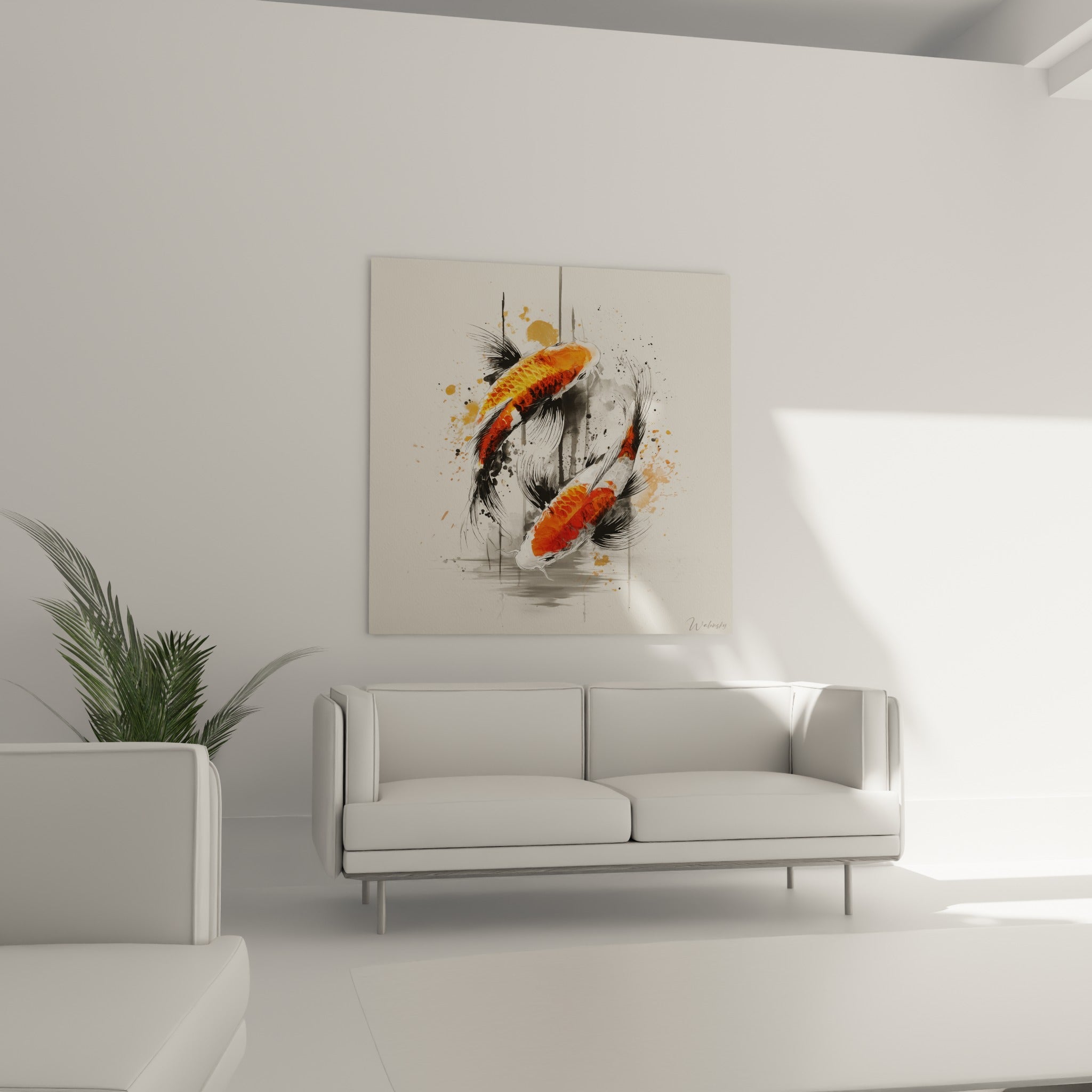 Deux koï orangés en ronde gracieuse installés au-dessus d'un canapé dans un salon lumineux