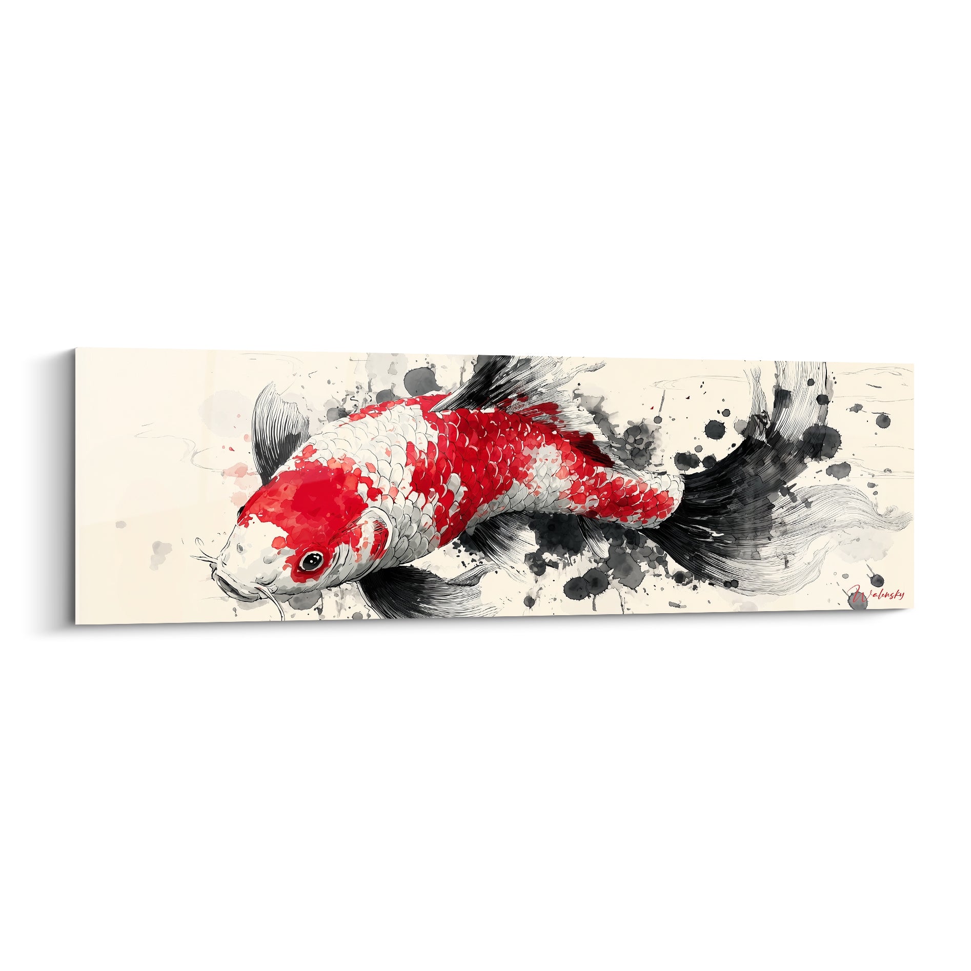 Koi rouge et blanc nageant, écailles éclaboussées d'encre noire sur fond ivoire épuré