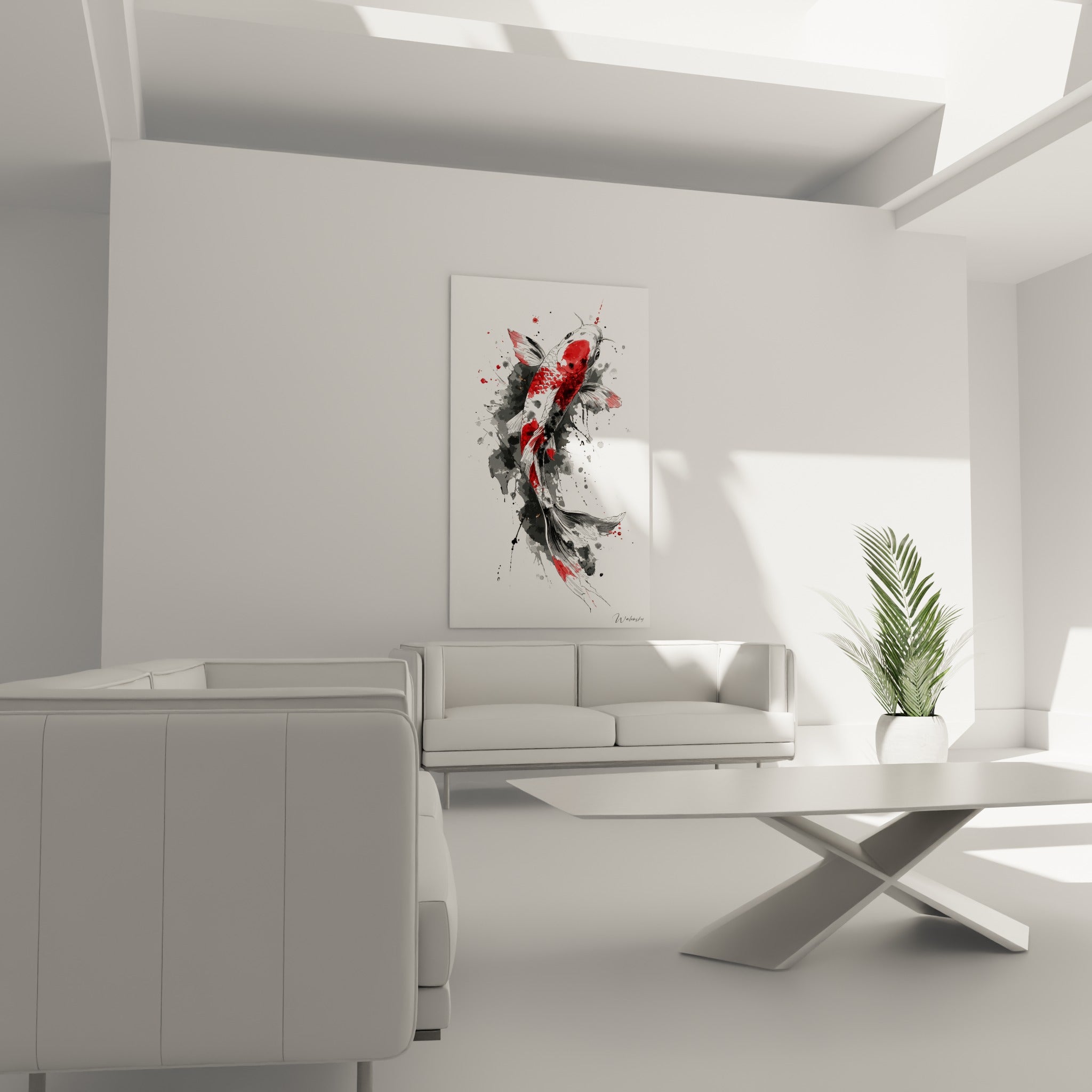 Koi rouge et noir traversant des taches d'encre grise, au-dessus d'un canapé dans un salon lumineux