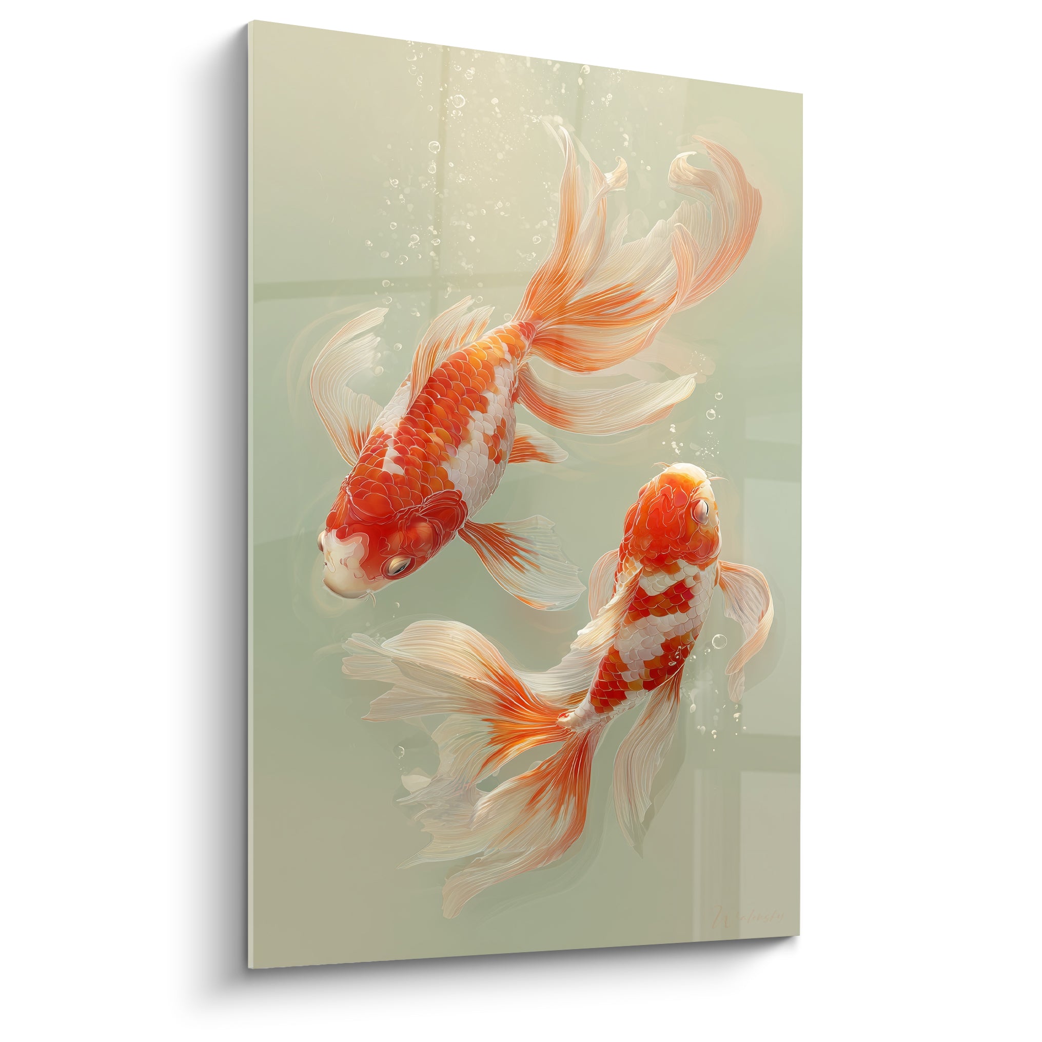 Koi rouge et blanc aux nageoires voilées nageant dans une eau vert pâle translucide