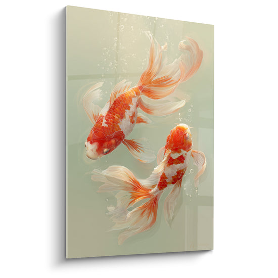 Tableau Carpes orange et blanches parmi bulles montantes - Fenêtre carrelée en arrière-plan - Edition Koi