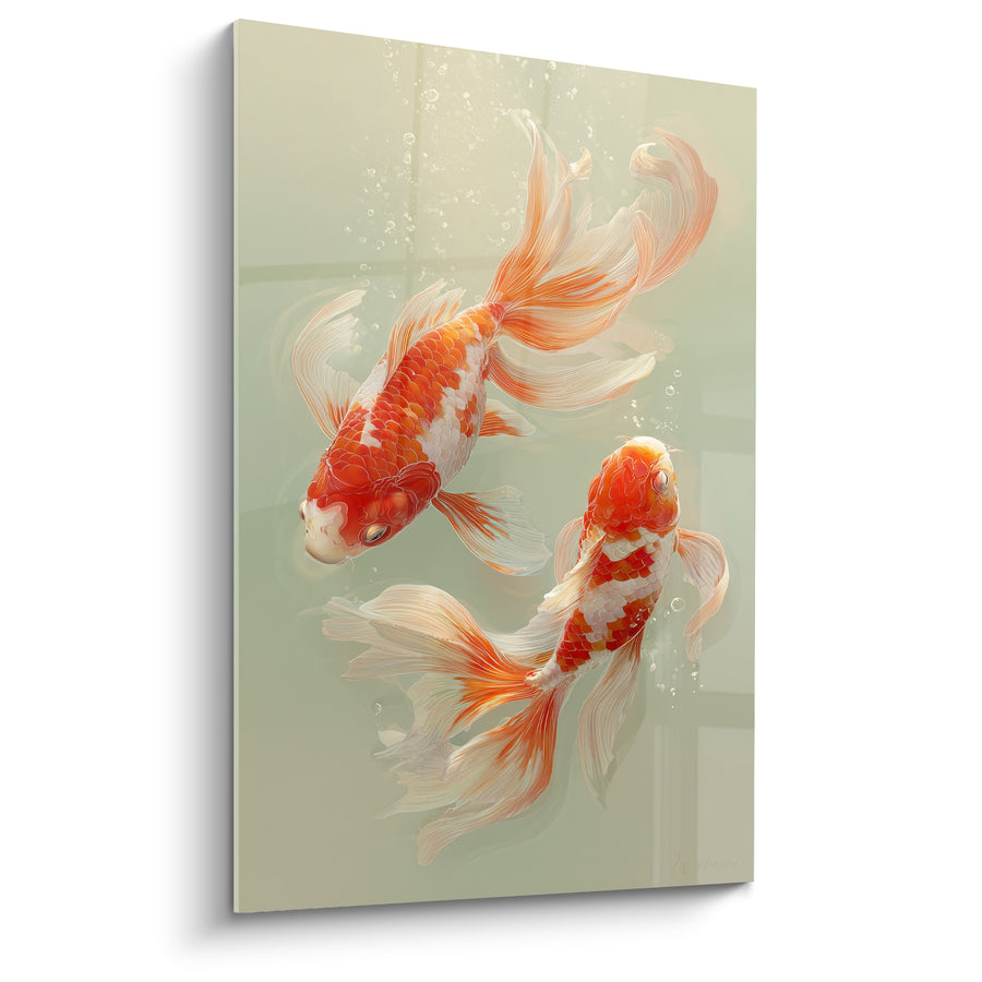 Tableau Carpes orange et blanches parmi bulles montantes - Fenêtre carrelée en arrière-plan - Edition Koi