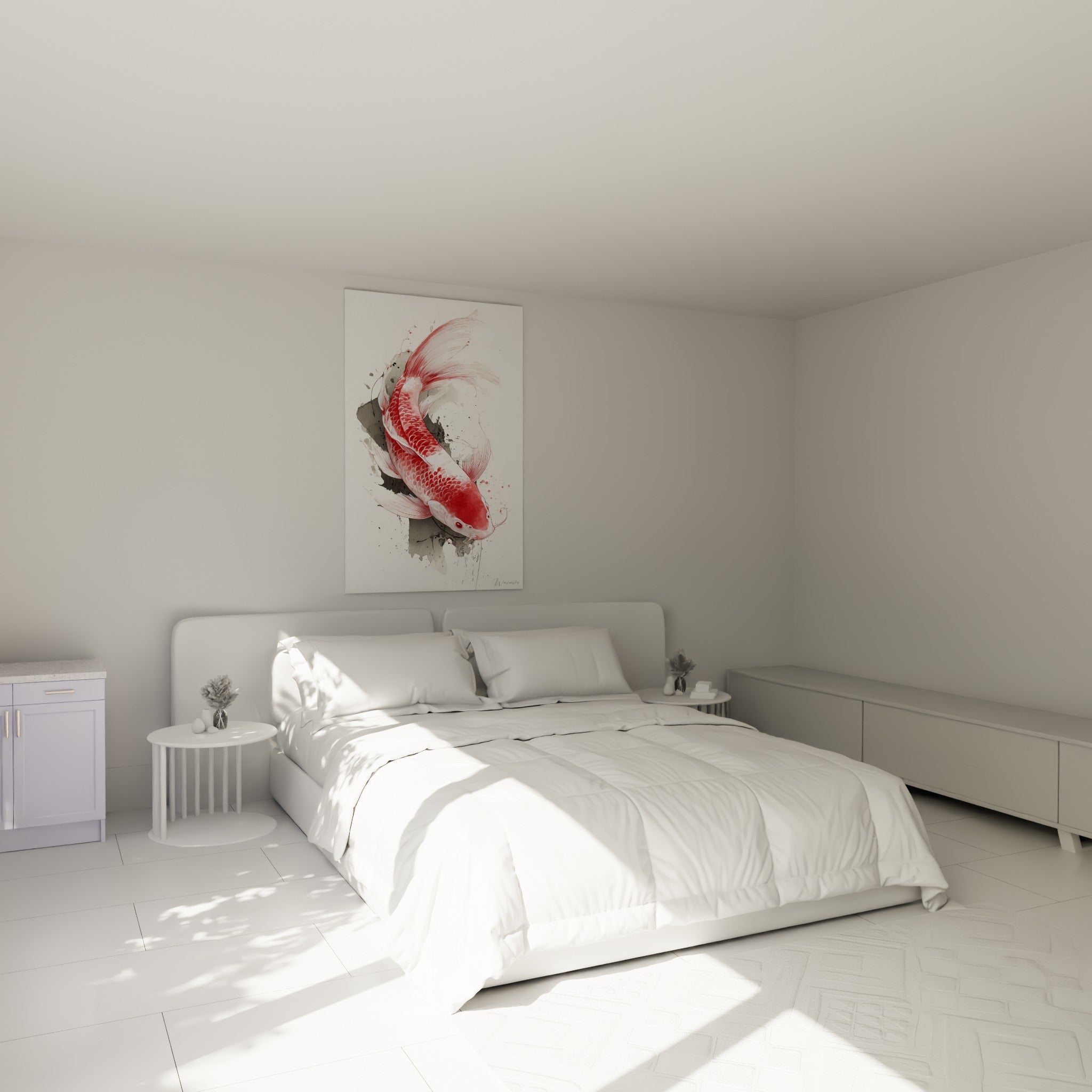 Koï rouge aux nageoires fines glissant sur fond blanc, accroché au-dessus d'un lit dans une chambre claire