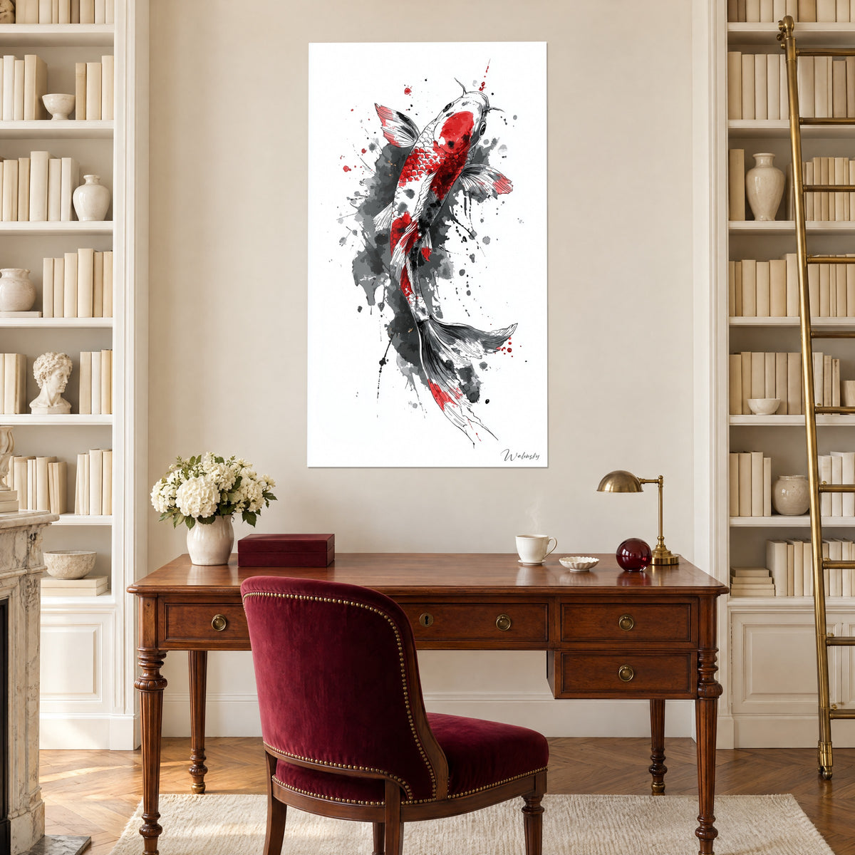 Quadro pesce d'inchiostro rosso e grigio antracite, coda a ventaglio e gocce proiettate, tra due librerie sopra una scrivania in legno