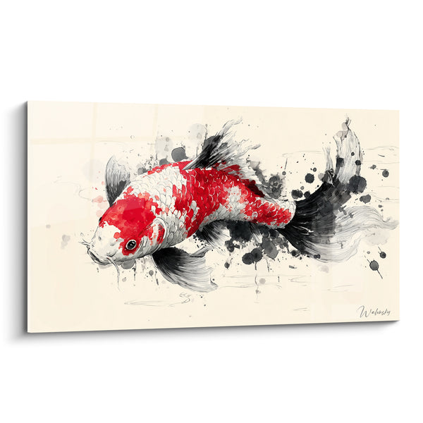 Tableau Carpe rouge et blanche aux longs barbillons - Éclaboussures d'encre noire - Edition Koi