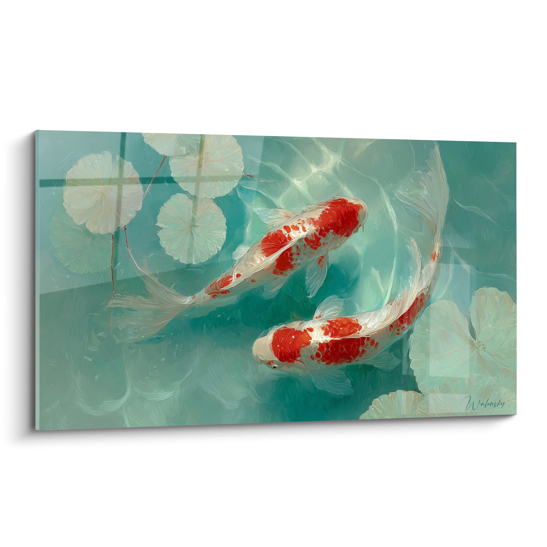 Carpes koï rouge et blanc nageant dans une eau turquoise sous des nénuphars pastel