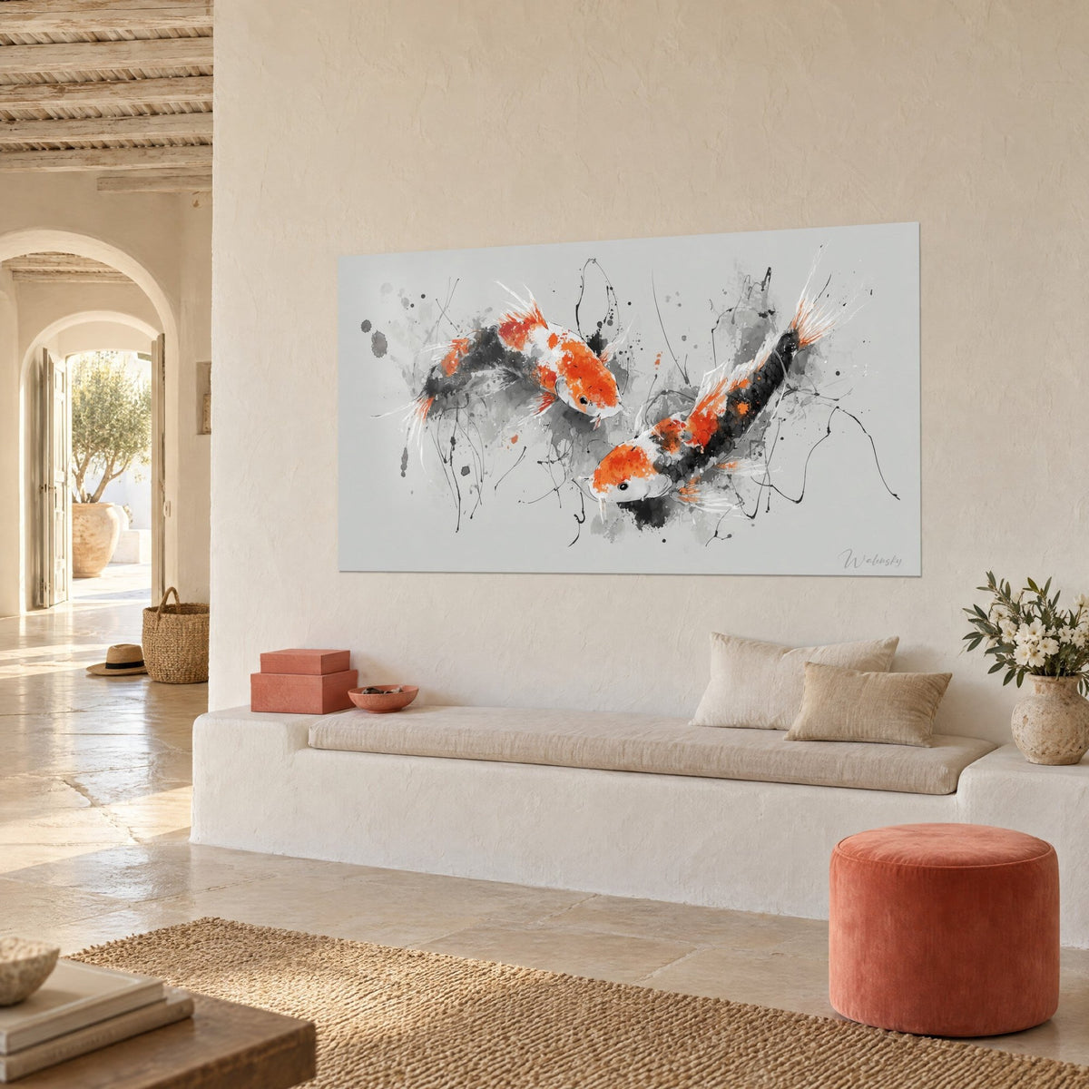 Wall art Japanese fish with black scales and orange spots, fine ink strokes, hung on a cream plastered wall