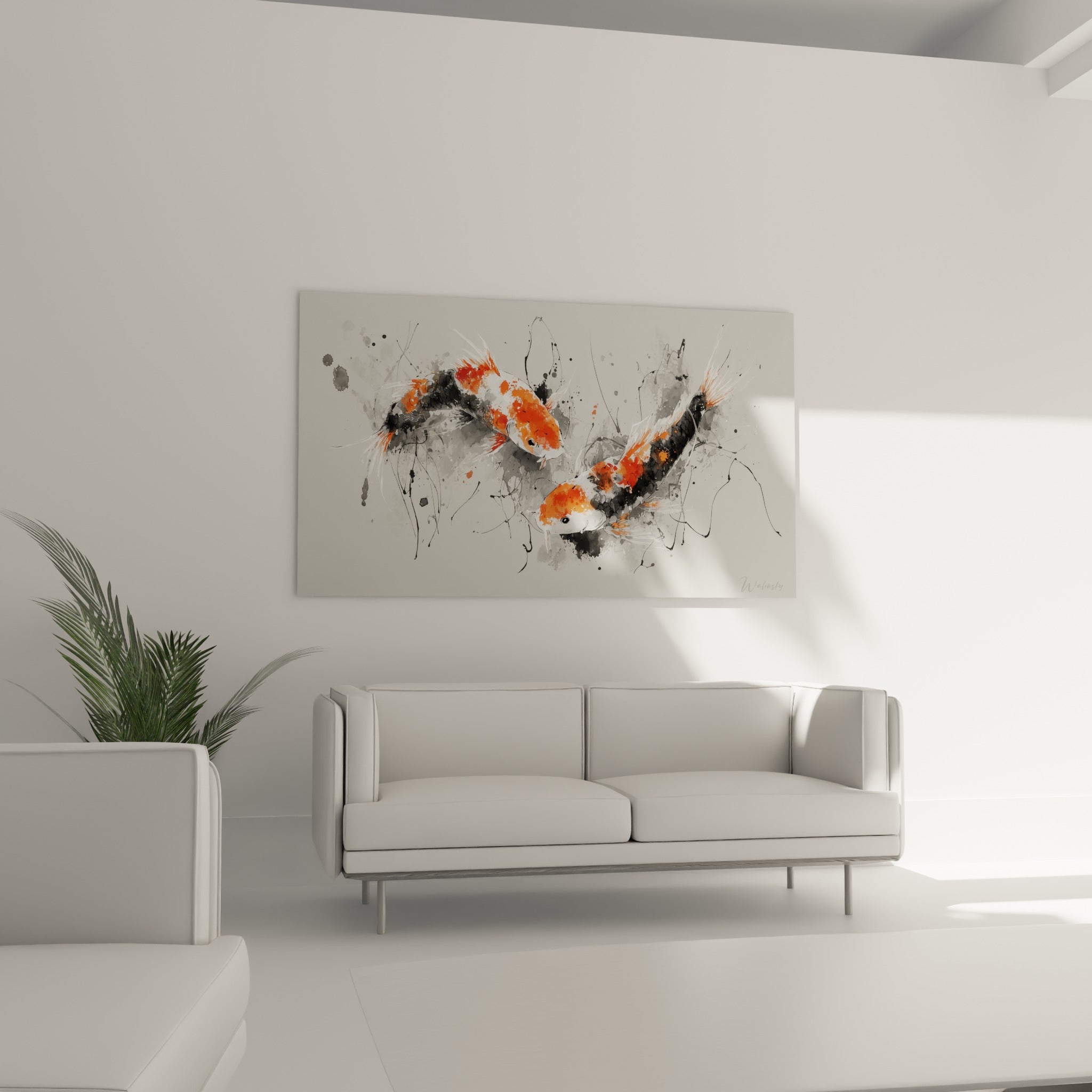 Carpes koi blanches et orangées disposées au-dessus d'un canapé dans un salon lumineux