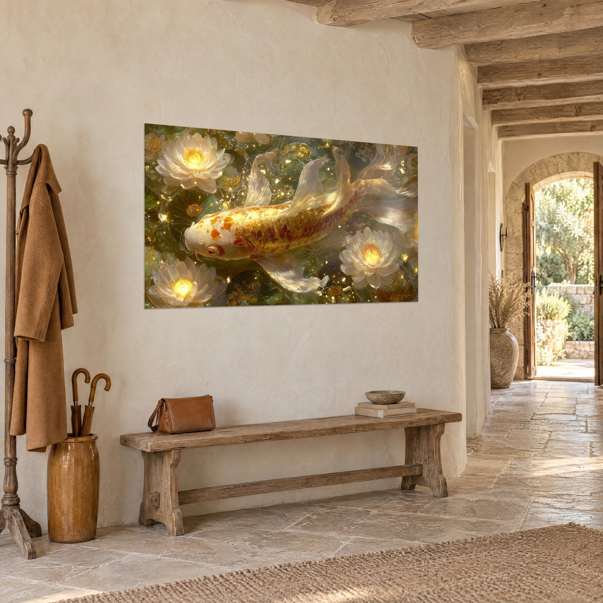 Quadro pesce dorato dalle squame ambrate, ninfee bianche luminose su acqua verde oliva, vista di tre quarti in un corridoio in pietra