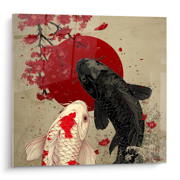 Tableau Poissons noir et blanc sous soleil rouge - Harmonie ascendante - Edition Koi