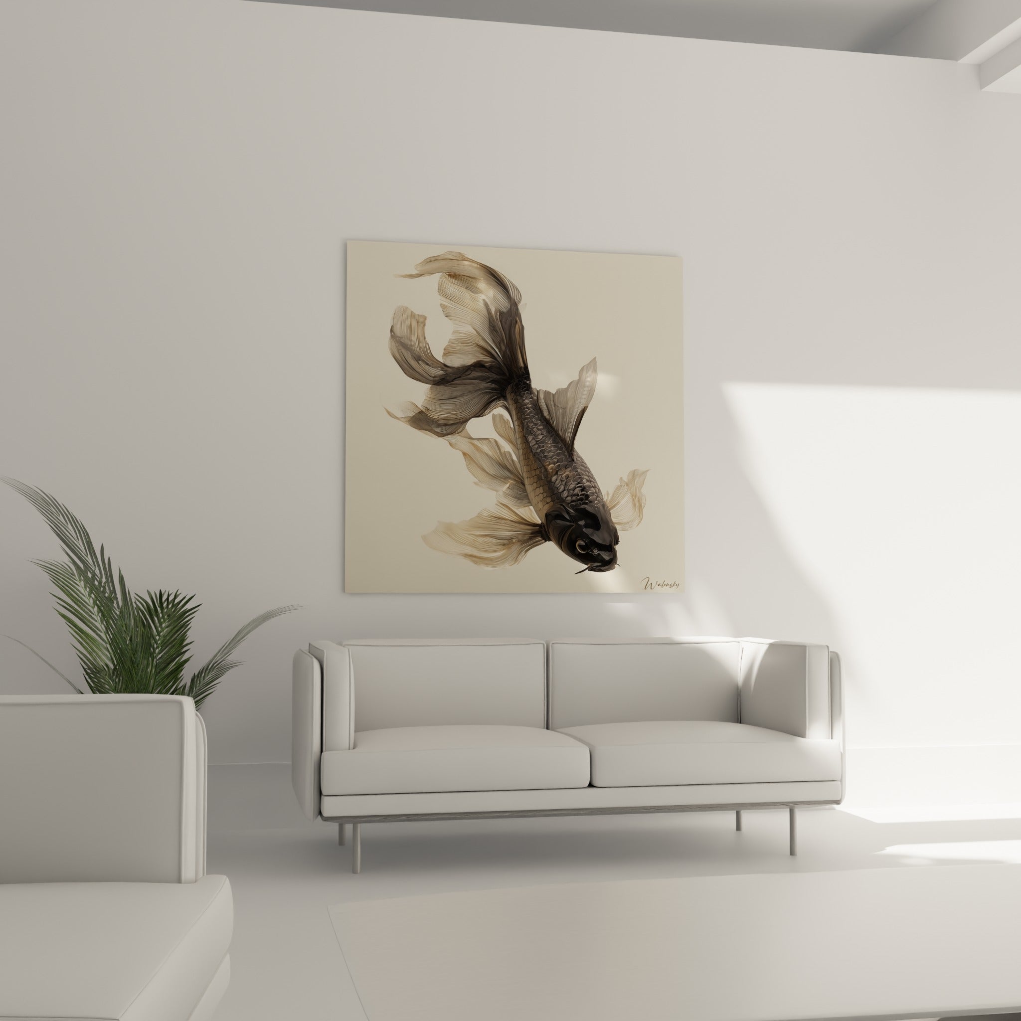 Koï sombre aux nageoires vaporeuses beige placé au-dessus d'un canapé dans un salon lumineux