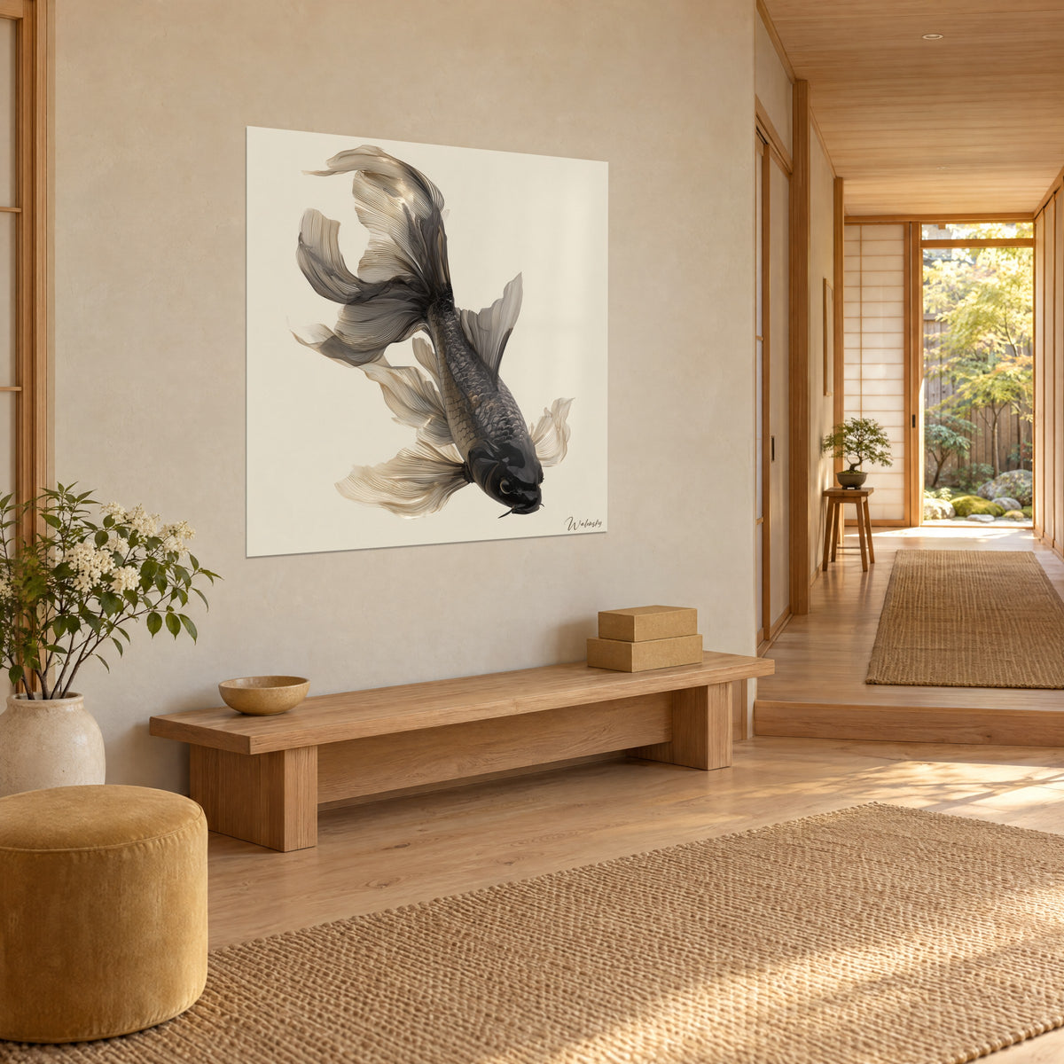 Schilderij glanzende zwarte sierkarper, staart van zandkleurige transparante chiffon op crèmekleurige achtergrond, gang met licht hout