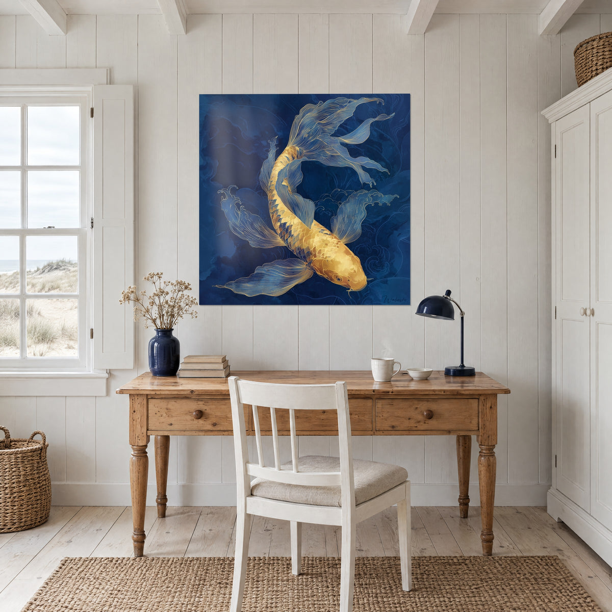 Quadro sagoma di koi giallo zafferano delineata da pinne blu cobalto, parete bianca di uno studio in legno chiaro