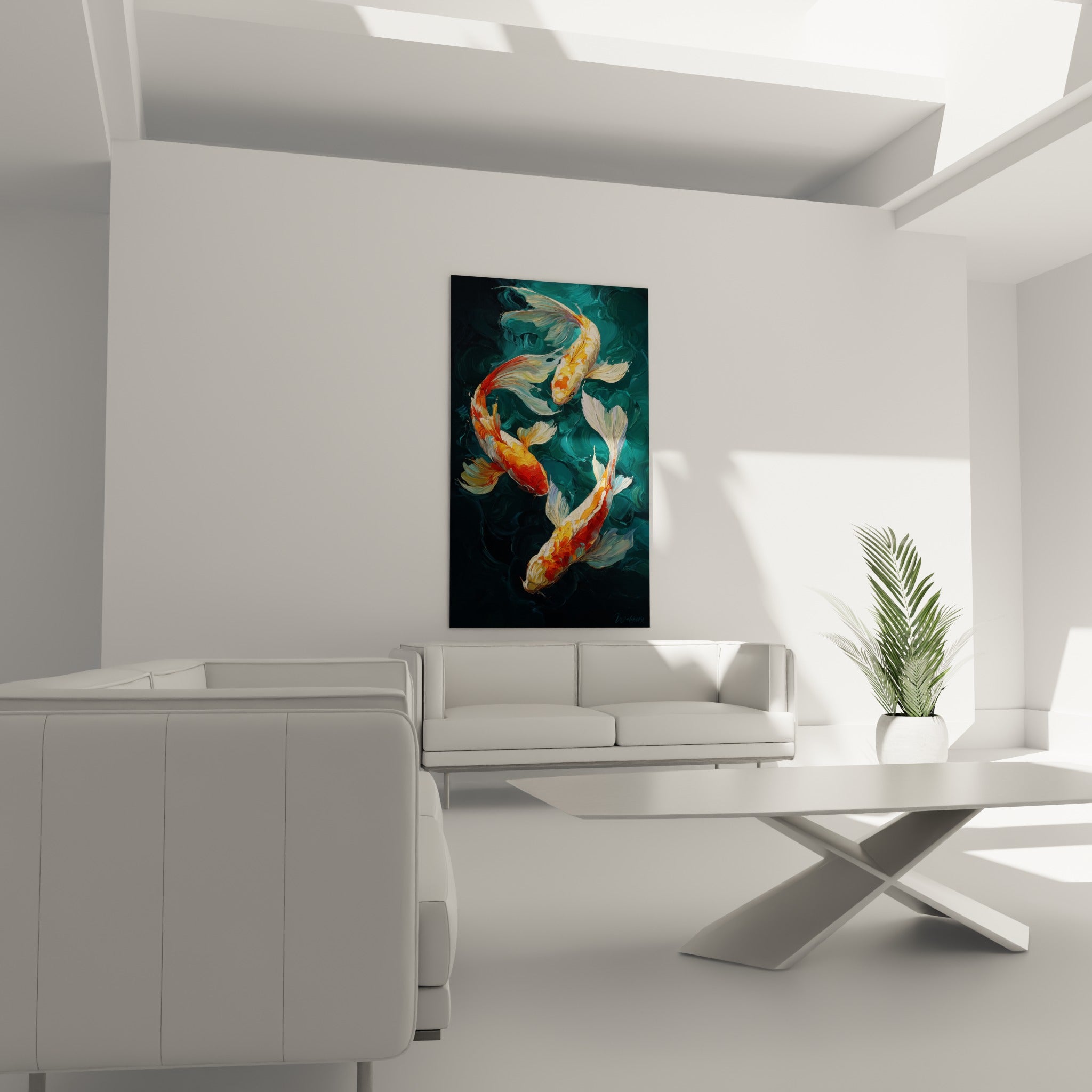 Poissons koï orange vif sur fond turquoise foncé, au-dessus d'un canapé dans un salon lumineux