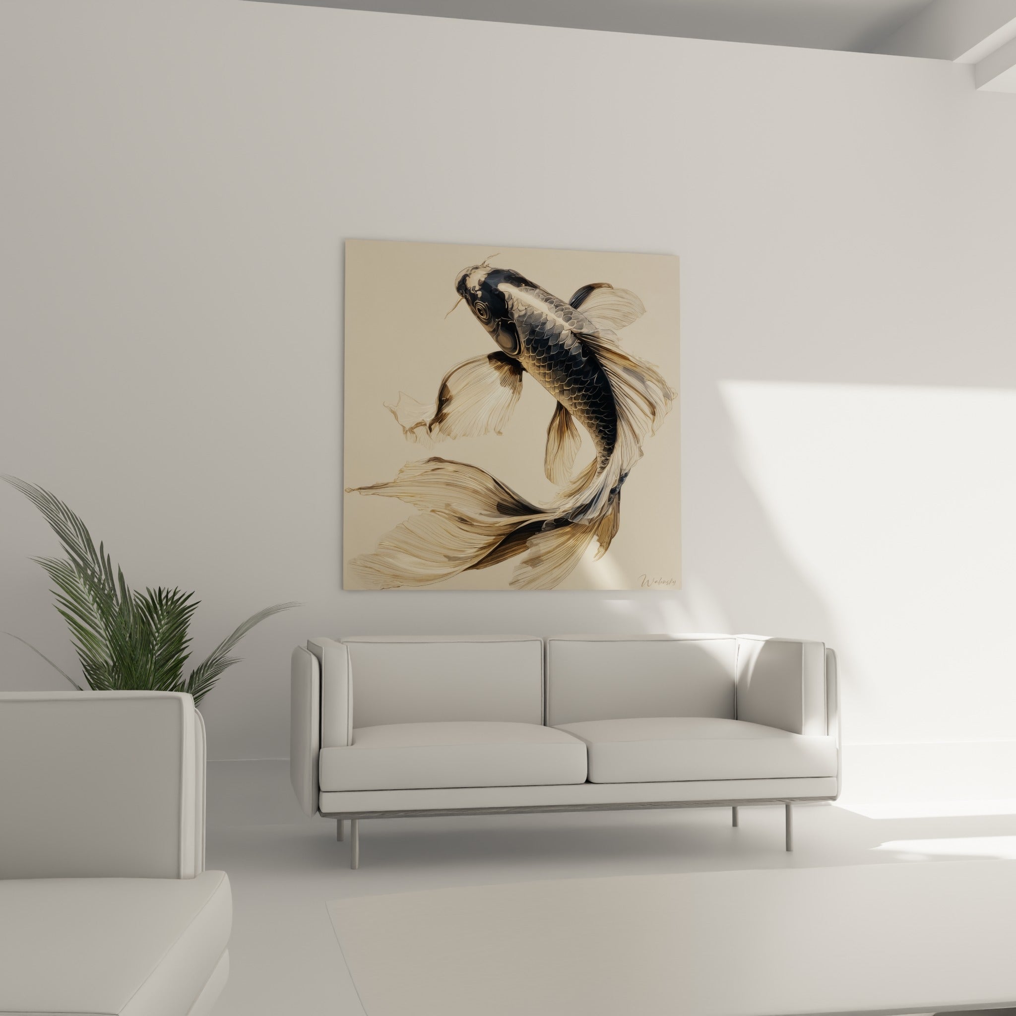 Koi anthracite en spirale gracieuse accroché au-dessus d'un canapé dans un salon lumineux