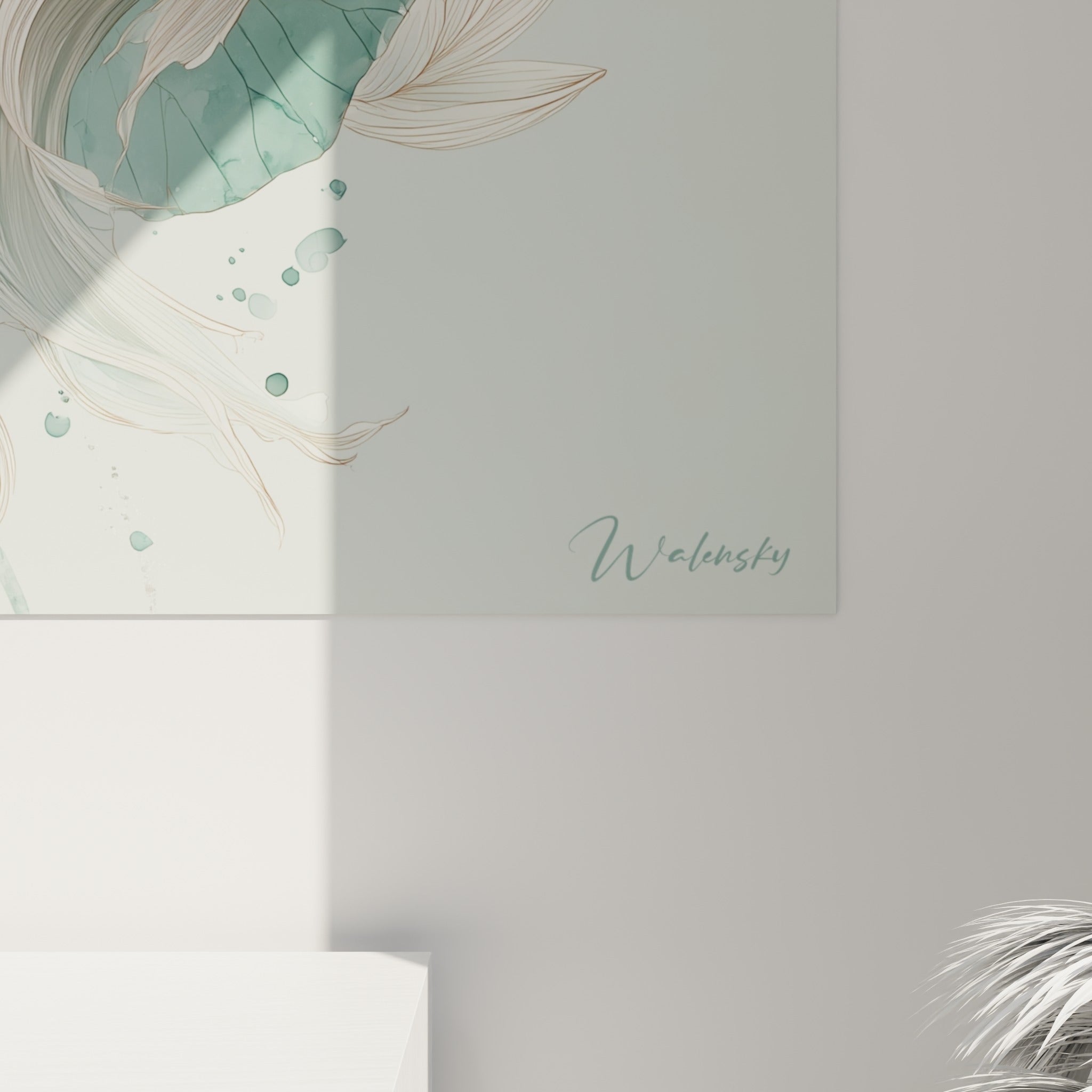 Écailles nacrées de la koi et grain aquarelle des feuilles vert sauge visibles de près sur la toile