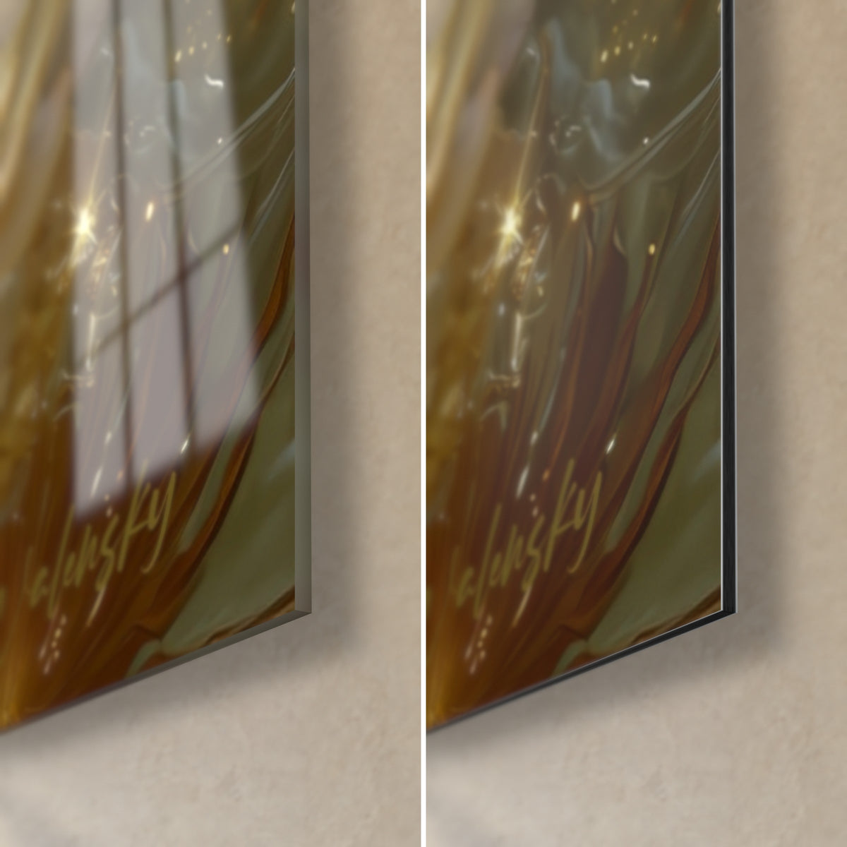 Quadro koi madreperlato, angolo in basso a destra: vetro acrilico lucido con riflessi a sinistra, alluminio Dibond opaco a destra, bordo di 3 mm visibile