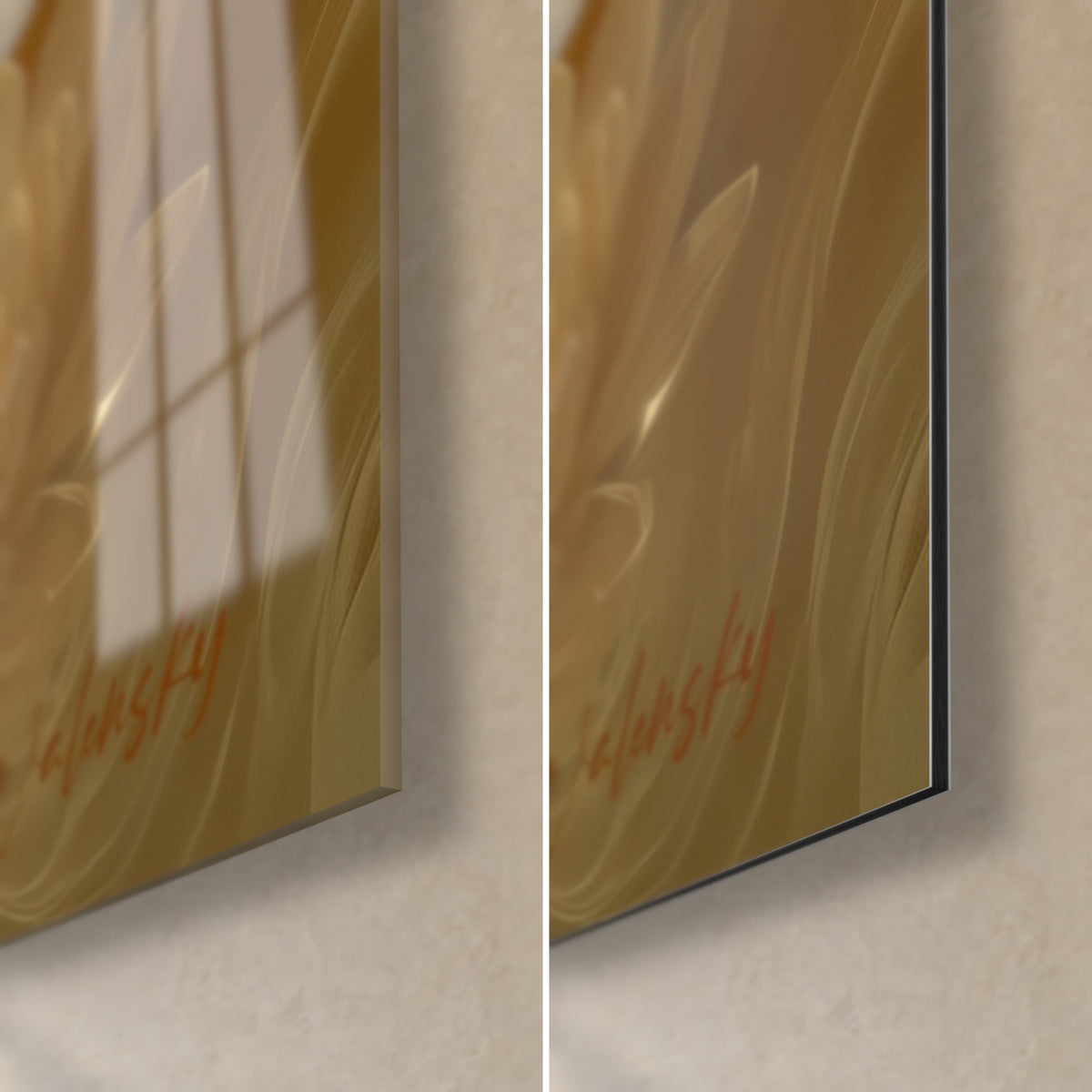 Cuadro koi dorado, esquina inferior derecha: firma naranja, cristal acrílico brillante a la izquierda, aluminio Dibond negro mate a la derecha, canto fino