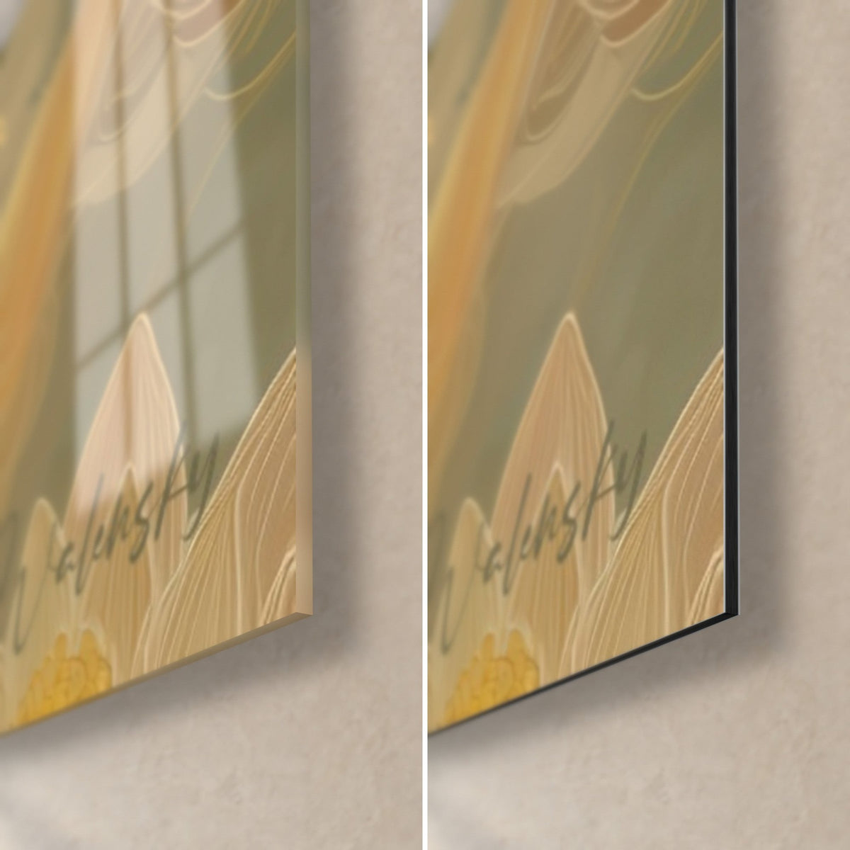 Gemälde Koi in Gold, cremefarbenes und gelbes Lotusblatt, Walensky-Signatur, glänzendes Acrylglas und mattes Alu-Dibond, 3 mm Stärke