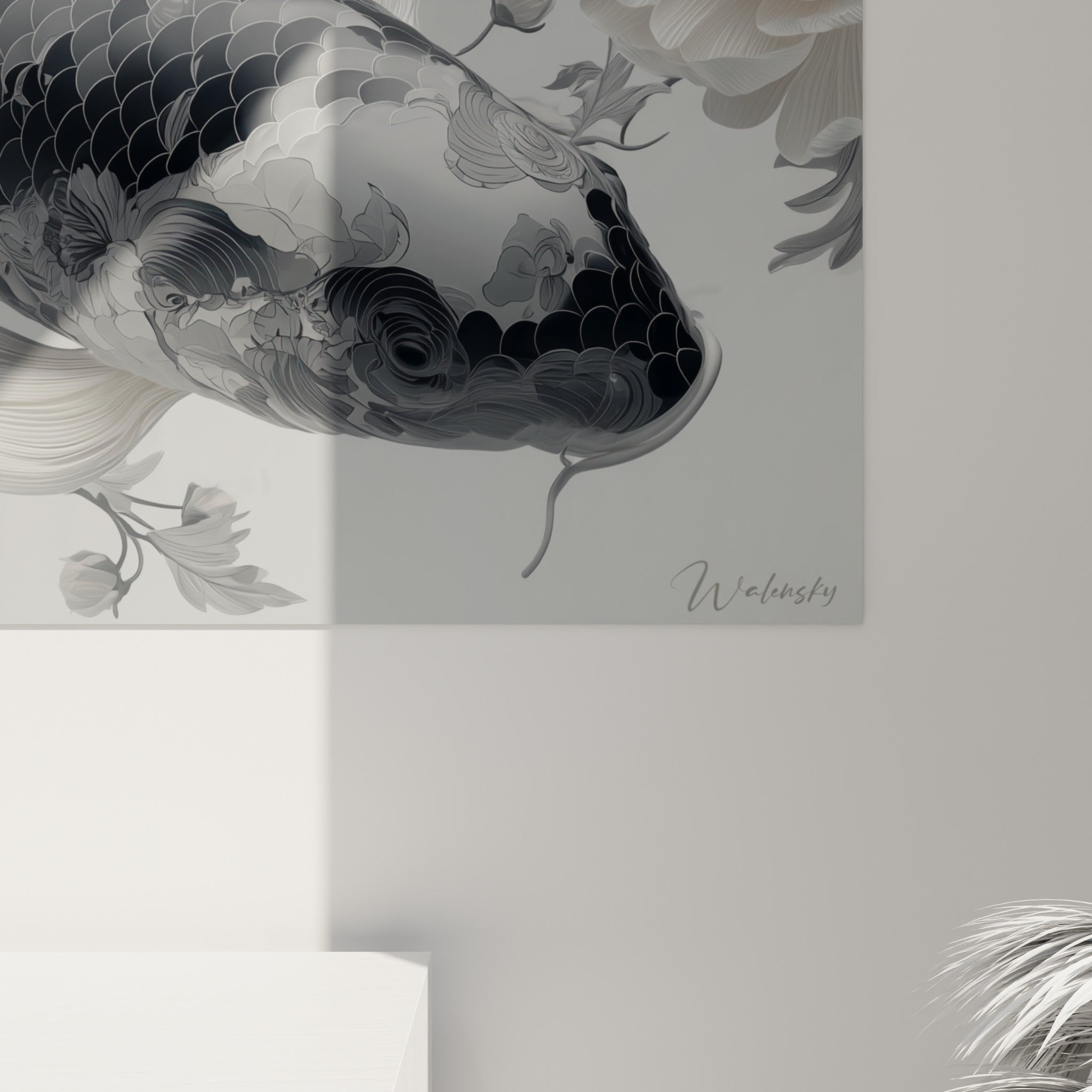 Écailles finement gravées du koi noir et blanc révélant la texture nacrée de l'impression