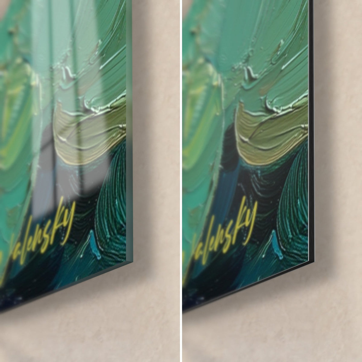 Gemälde mit Koi-Karpfen und grünen Seerosen, untere rechte Ecke: glänzendes Acrylglas links, mattes Dibond-Aluminium rechts, 3 mm Kante, gelbe Signatur