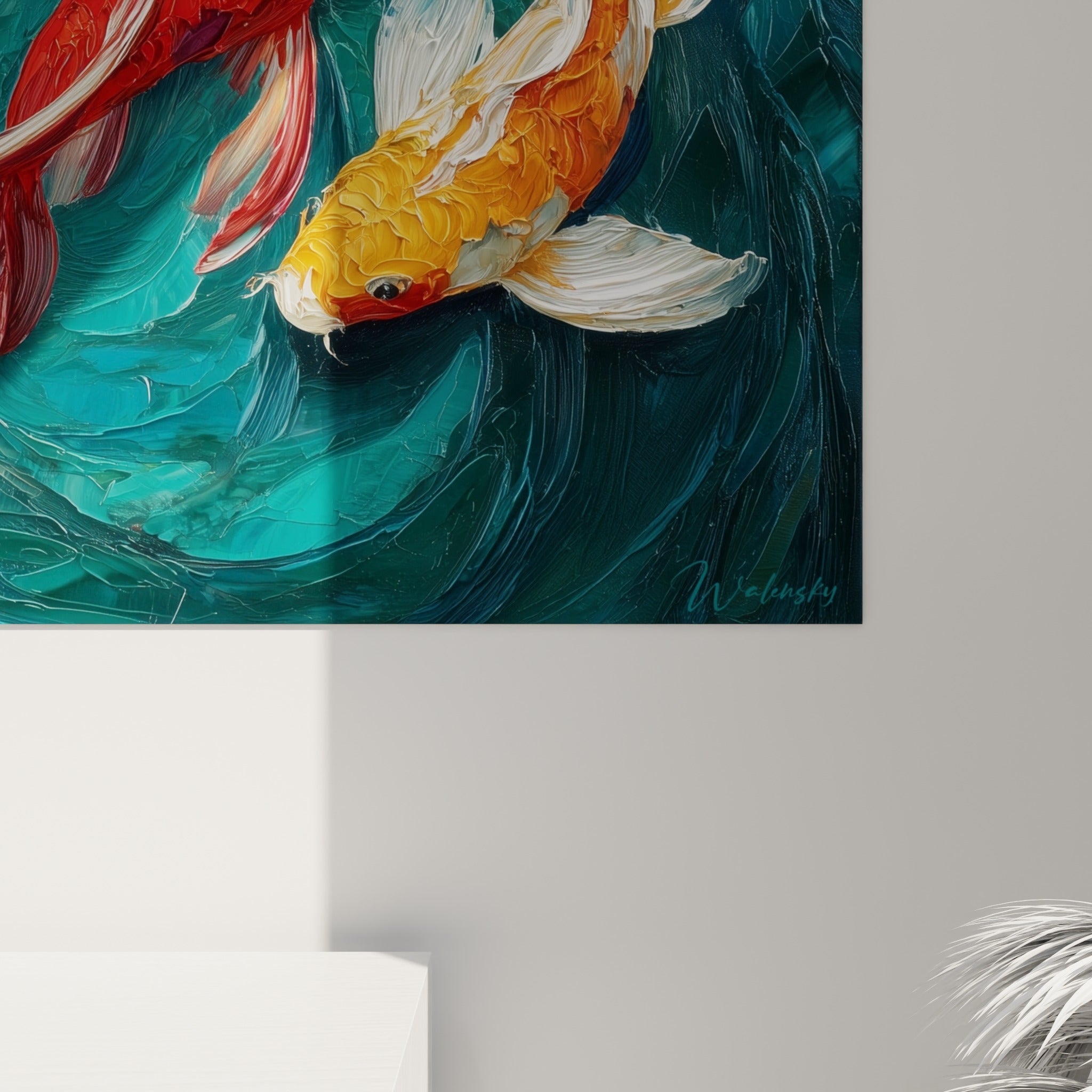 Empâtements épais révélant les écailles rouges et dorées des carpes koï sur fond bleu sarcelle