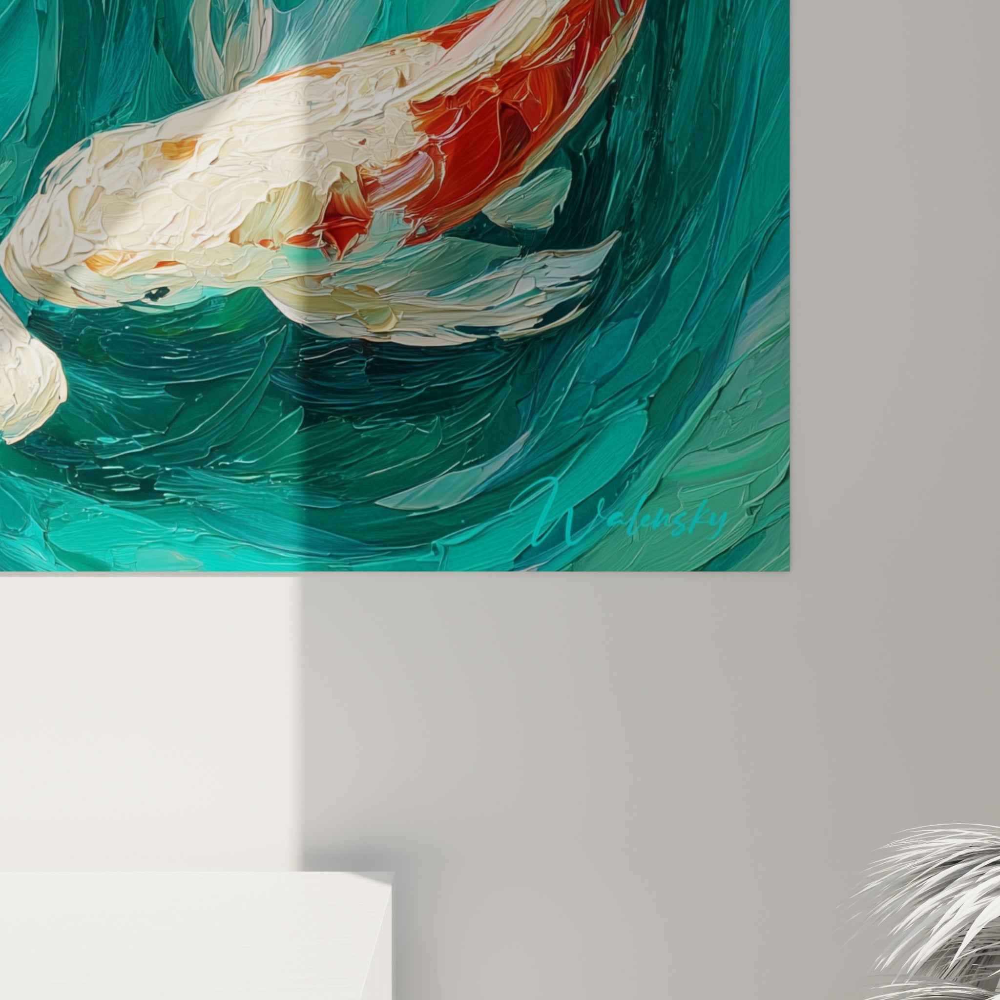 Empâtements épais révélant la matière orange, blanche et émeraude des écailles de koï peintes au couteau