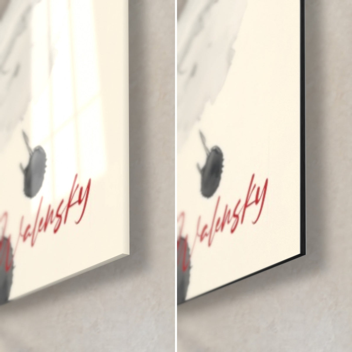 Wall art red and white koi, bottom right corner in glossy glass on the left and matte Dibond on the right, 3 mm edge visible
