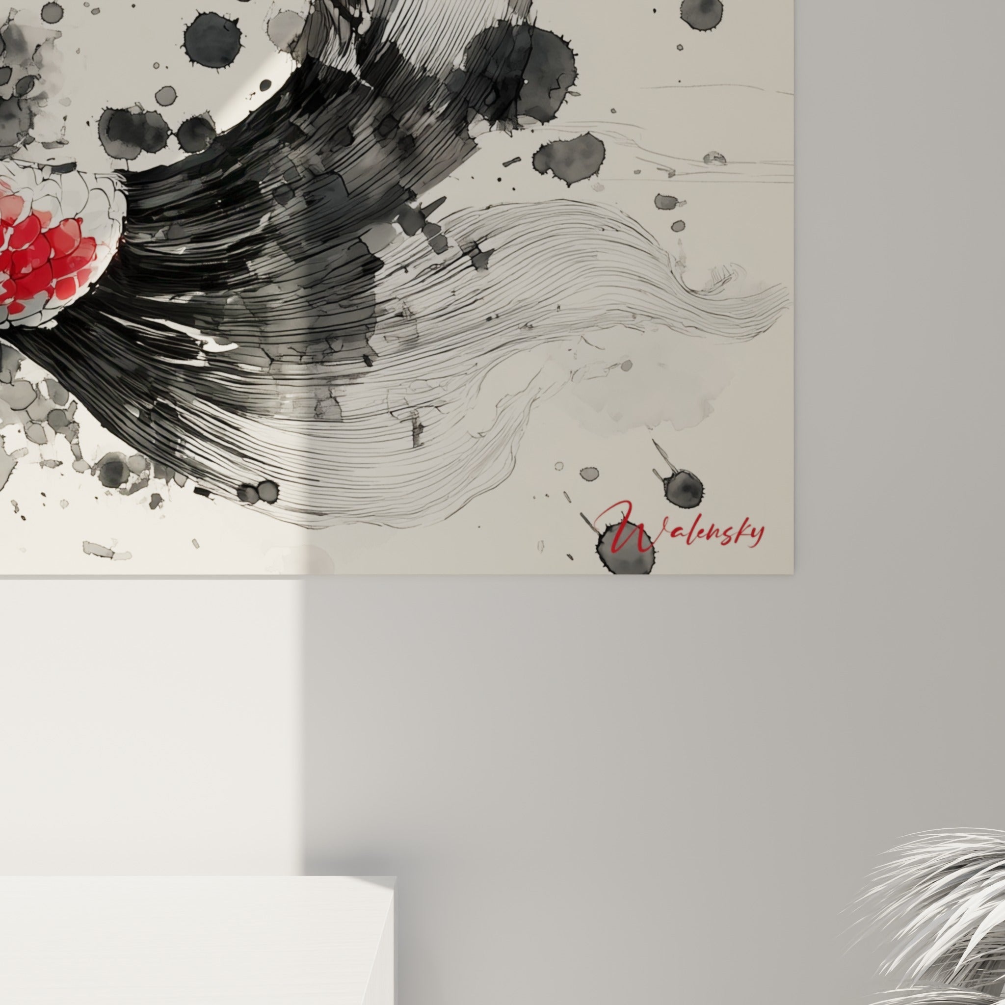 Grain de l'encre noire et rouge vermillon du Koi, matière et coulures visibles de près sur la toile