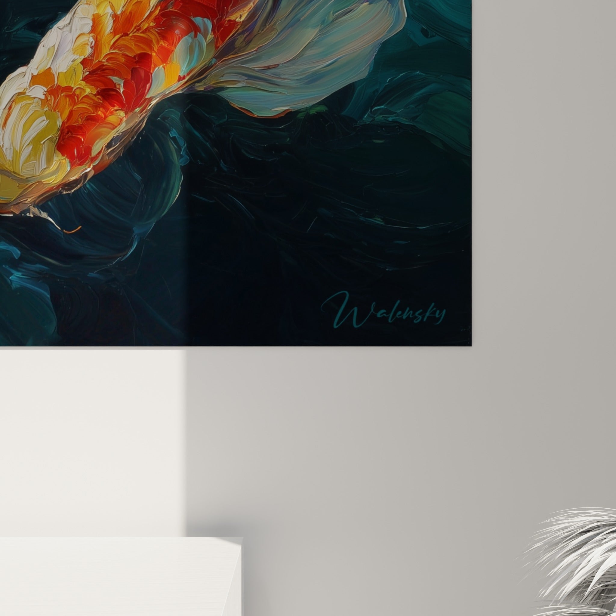 Écailles orange et jaune texturées à la peinture au couteau, nageoires blanches et reflets bleu sarcelle