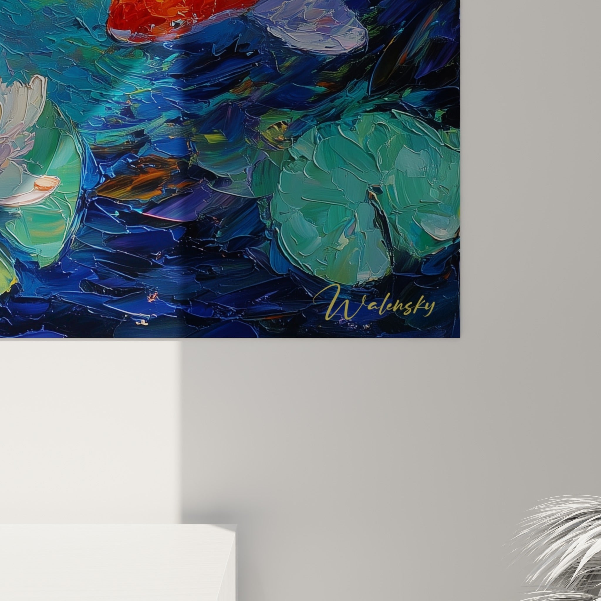 Empâtements épais révélant le grain orange et turquoise des Koi peints au couteau