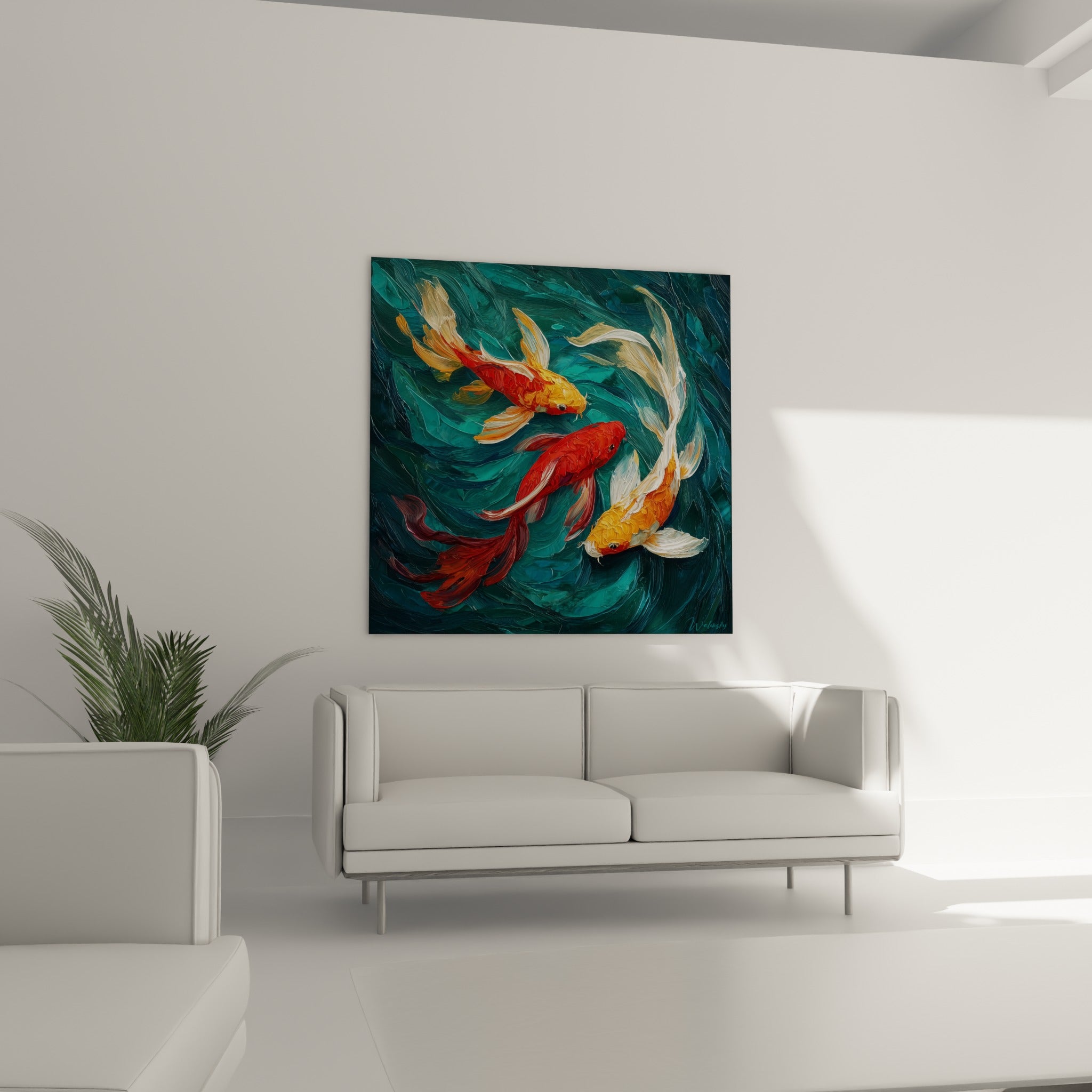 Poissons koï orangés et rouges glissant dans des eaux tourbillonnantes, au-dessus d'un canapé dans un salon lumineux