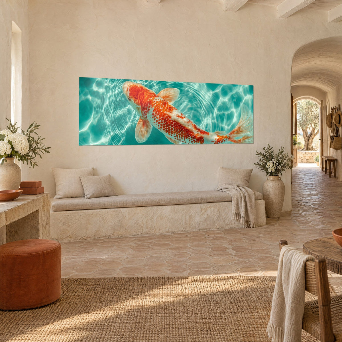 Wall art Japanese fish with orange scales seen from above, turquoise and white ripples, stone bench, Provençal farmhouse