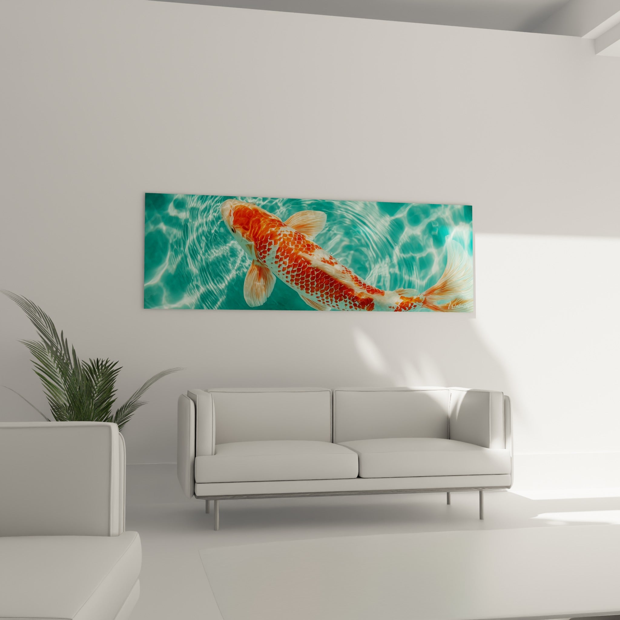 Nage du Koi orangé sur fond turquoise ondulé, suspendue au-dessus d'un canapé dans un salon lumineux