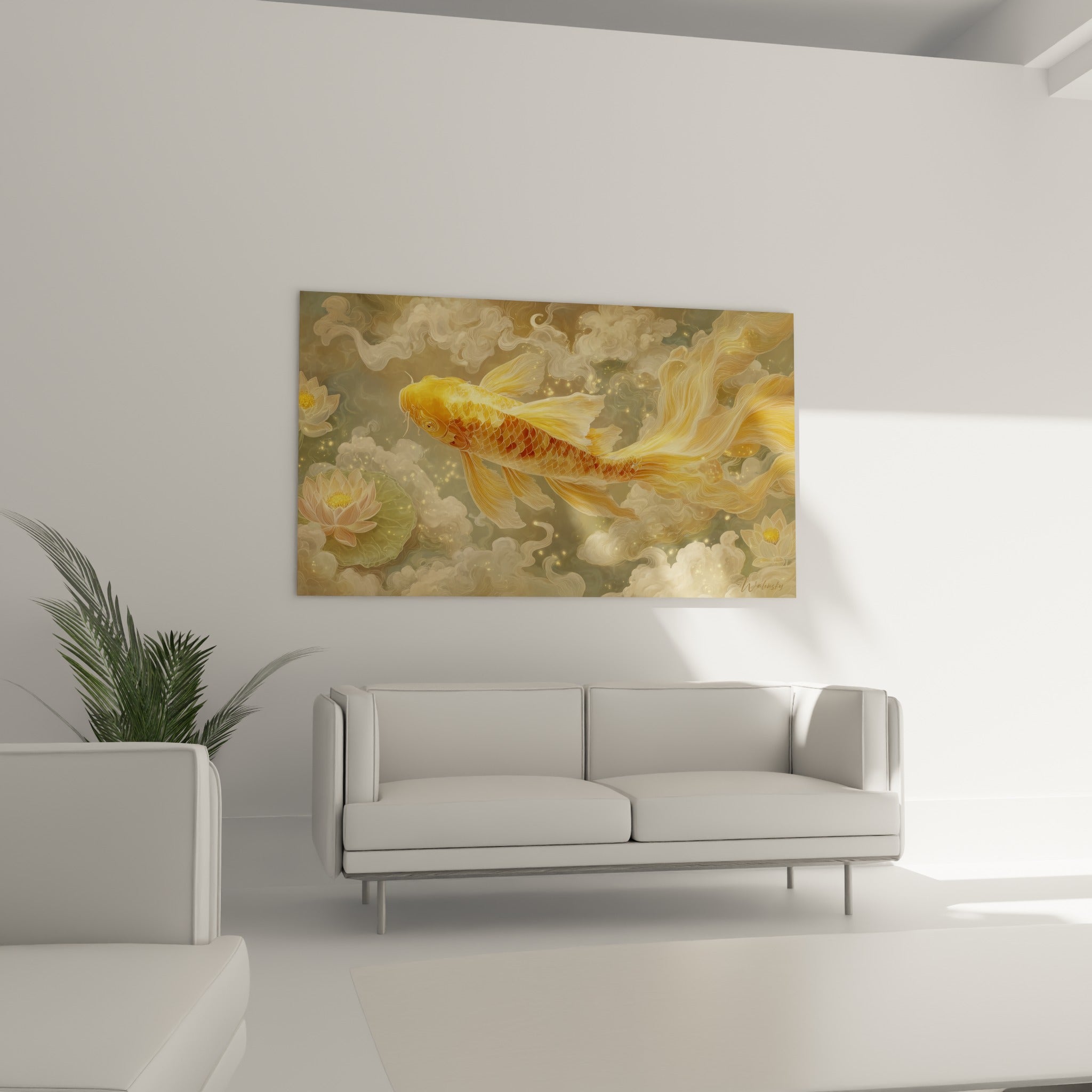 Écailles dorées et vertes du koi ondulant dans les nuages blancs, au-dessus d'un canapé dans un salon lumineux