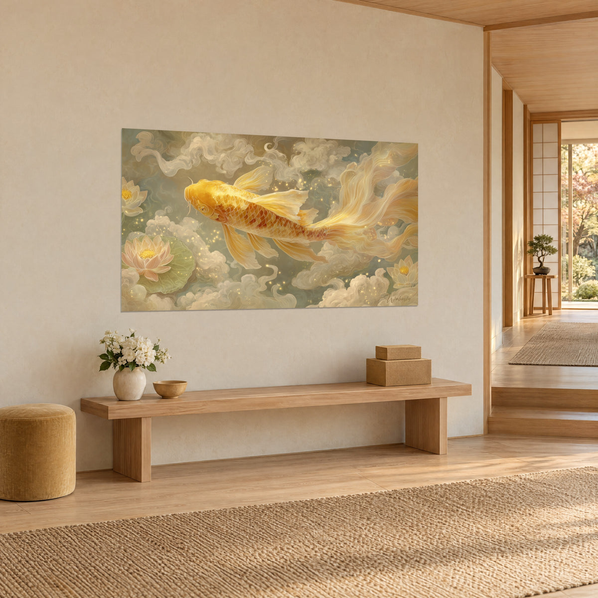 Quadro pesce rosso dalle pinne lunghe e velate, sfondo verde salvia e avorio, ripreso di tre quarti accanto a una panca di legno
