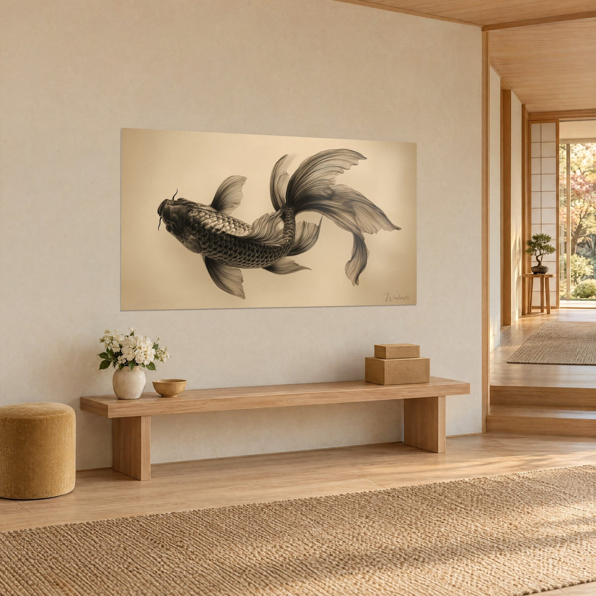 Quadro pesce koi visto dall'alto, pinne di seta seppia e crema, sopra una panca in legno in un ingresso japandi