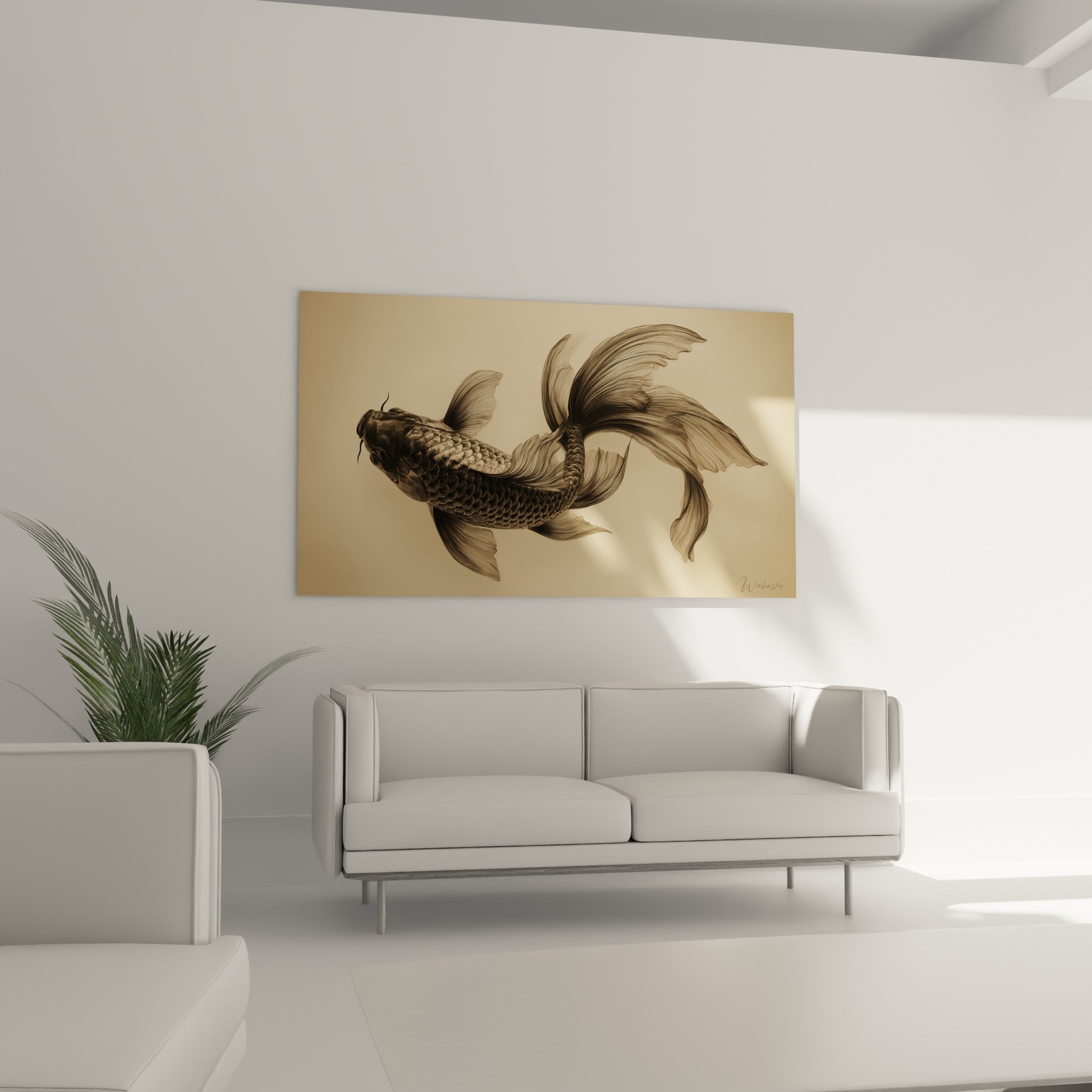 Nageoires translucides de la koï brune et beige, œuvre suspendue au-dessus d'un canapé dans un salon lumineux