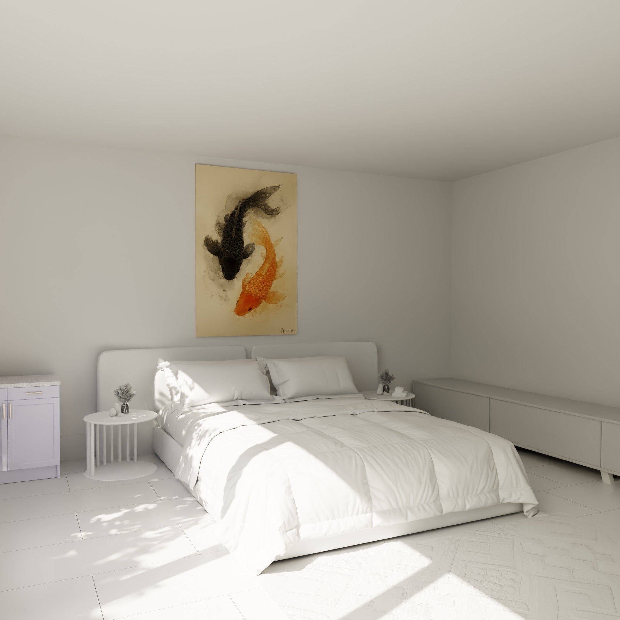 Deux koïs anthracite et orange en cercle harmonieux, accrochées au-dessus d'un lit dans une chambre claire