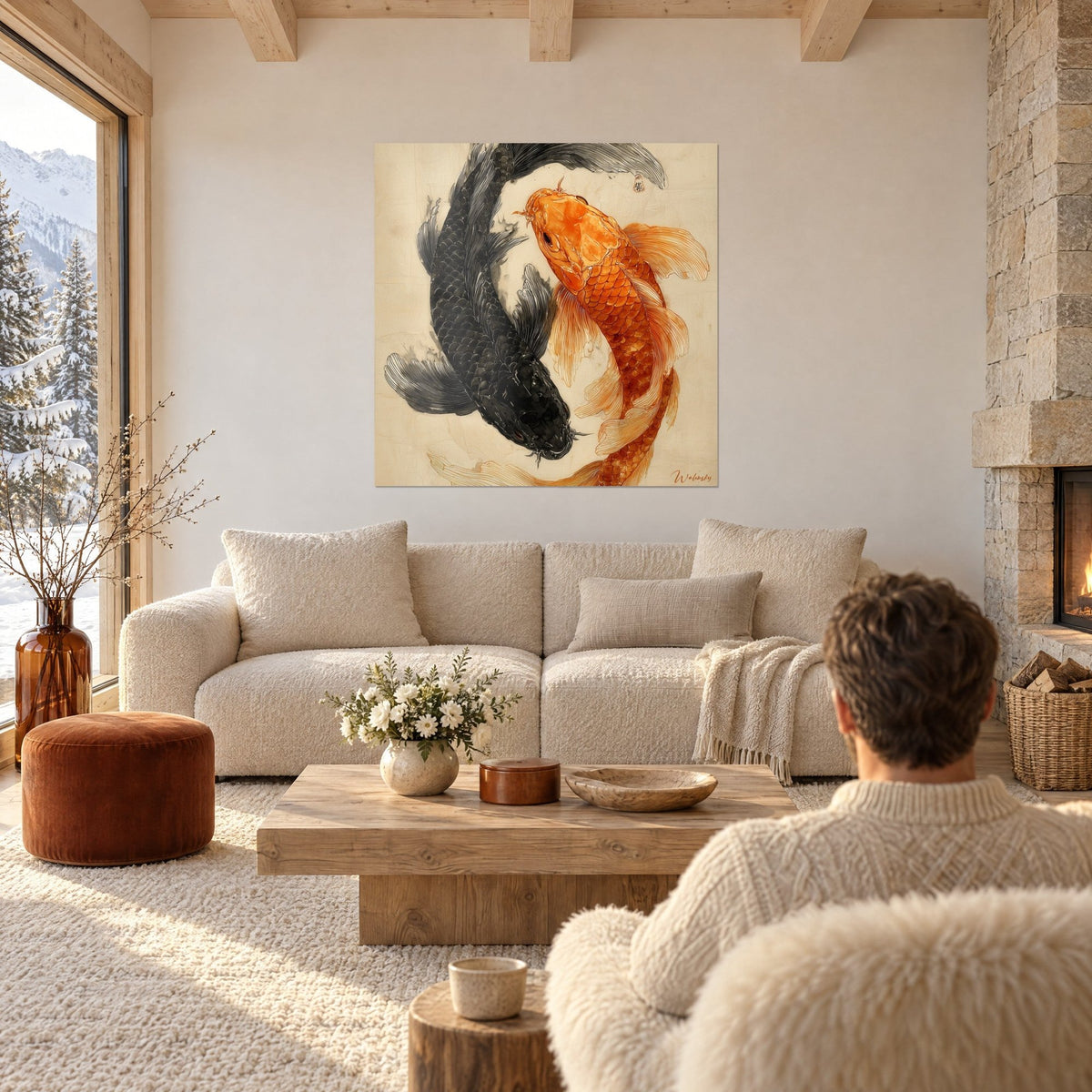 Wall art black and orange koi carp spiraling together, ink-washed scales, cream background, above a sofa in a bright living room